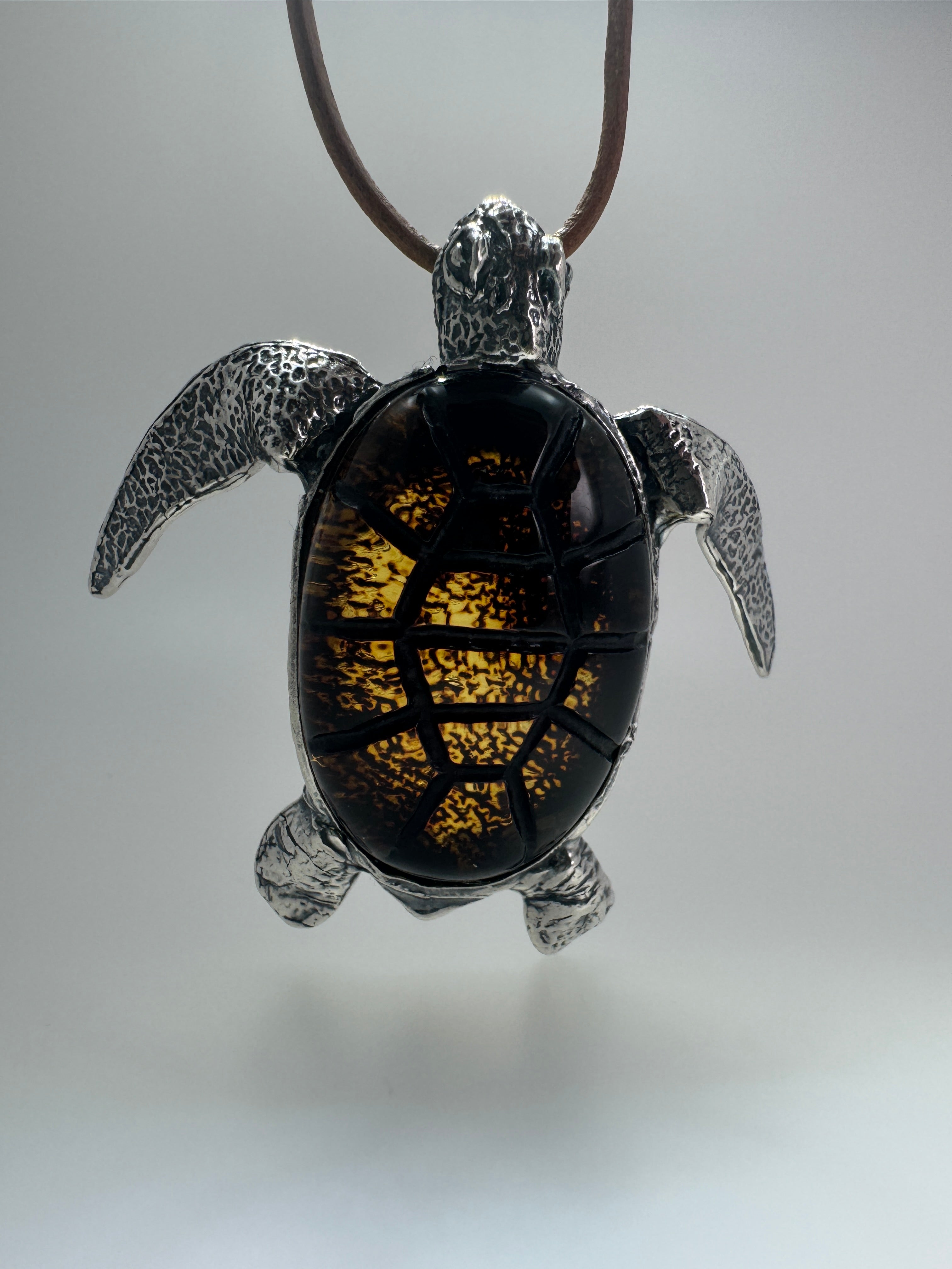 Handmade Sterling Silver Baltic Amber Sea Turtle Pendant Necklace – One-of-a-Kind Artisan Jewelry