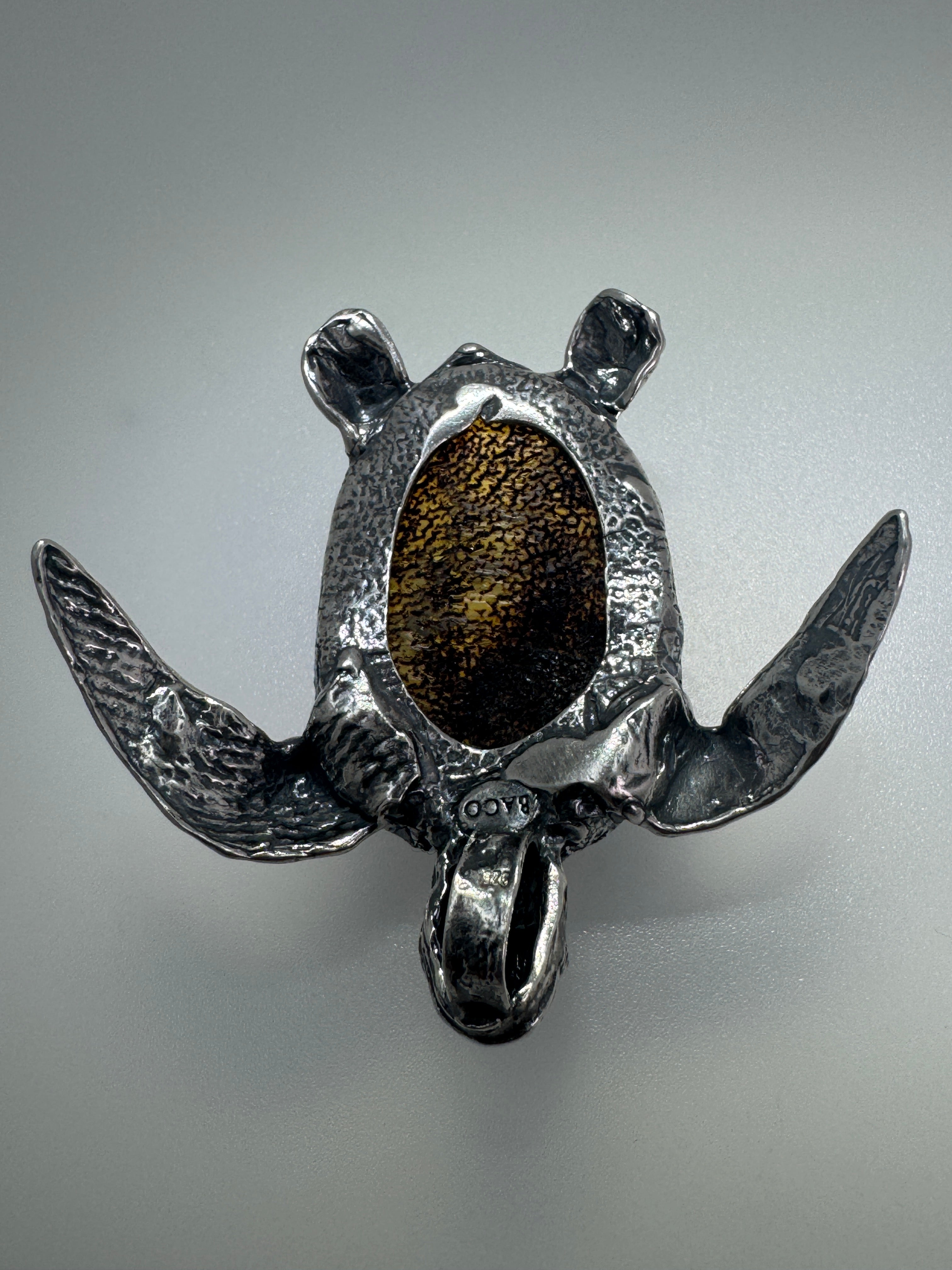 Handmade Sterling Silver Baltic Amber Sea Turtle Pendant Necklace – One-of-a-Kind Artisan Jewelry
