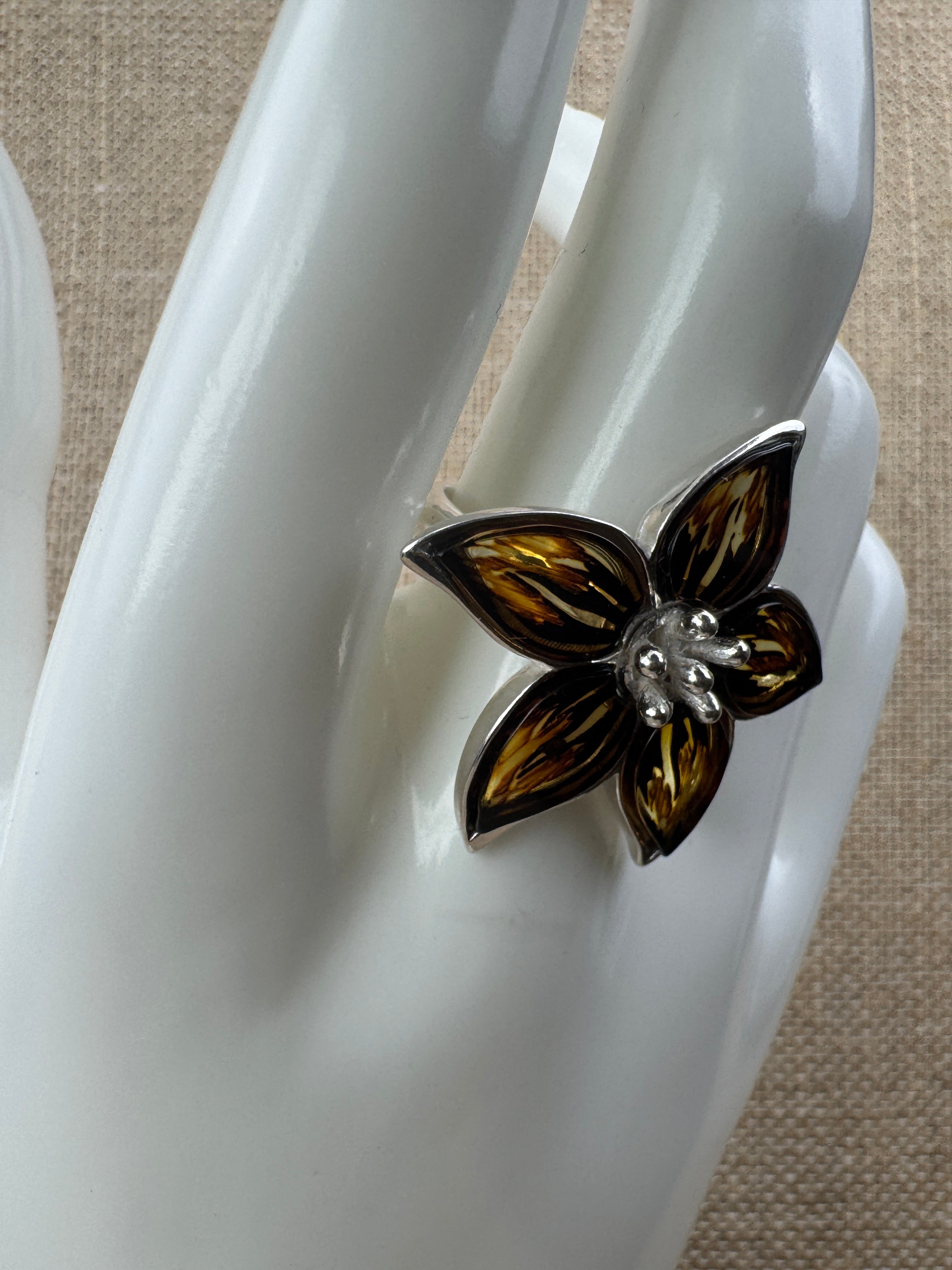 Hand-Etched Sterling Silver Baltic Amber Flower Ring
