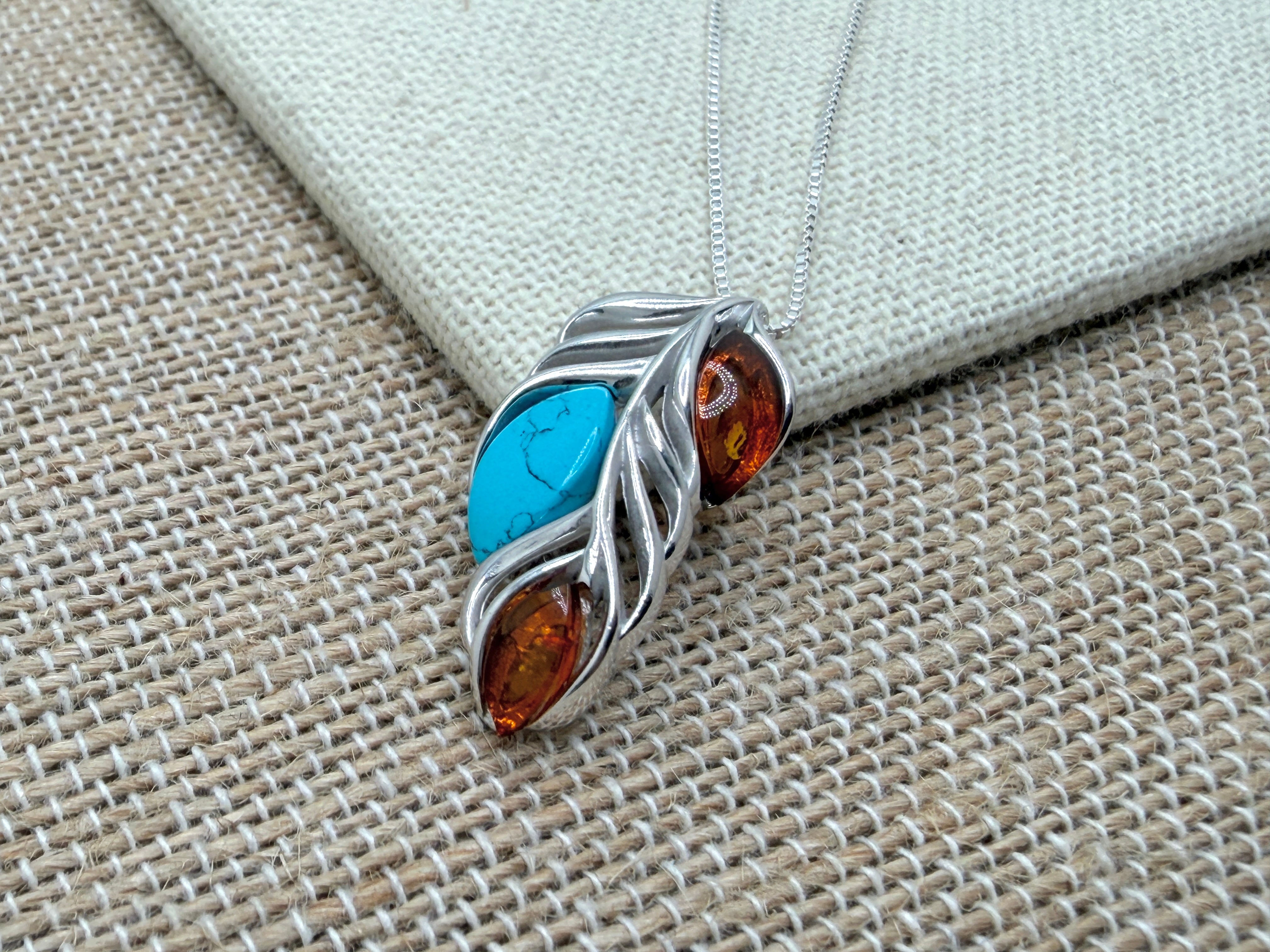 Sterling Silver, Genuine Baltic Amber & Turquoise Leaf Pendant on Silver Chain