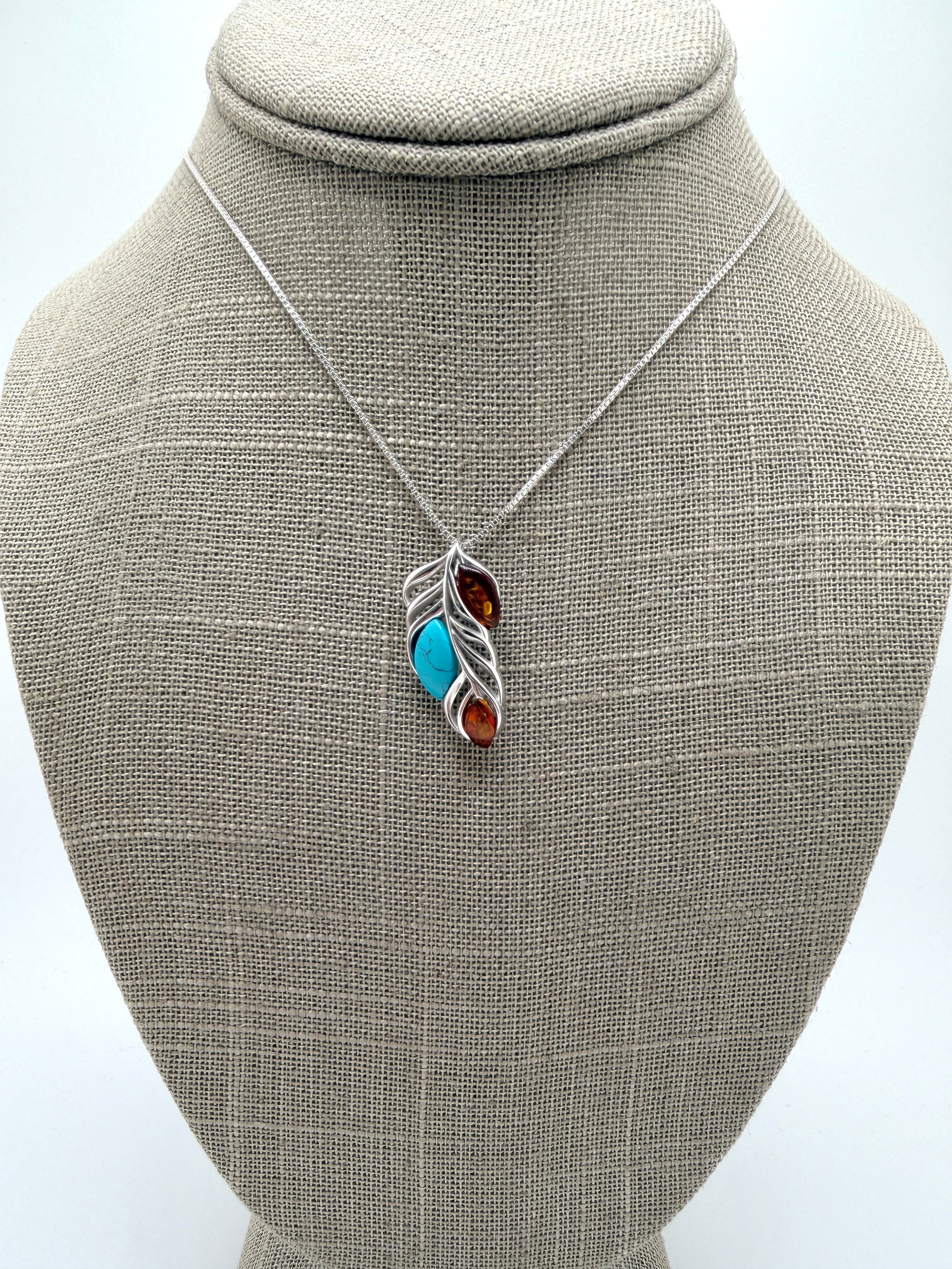 Sterling Silver, Genuine Baltic Amber & Turquoise Leaf Pendant on Silver Chain