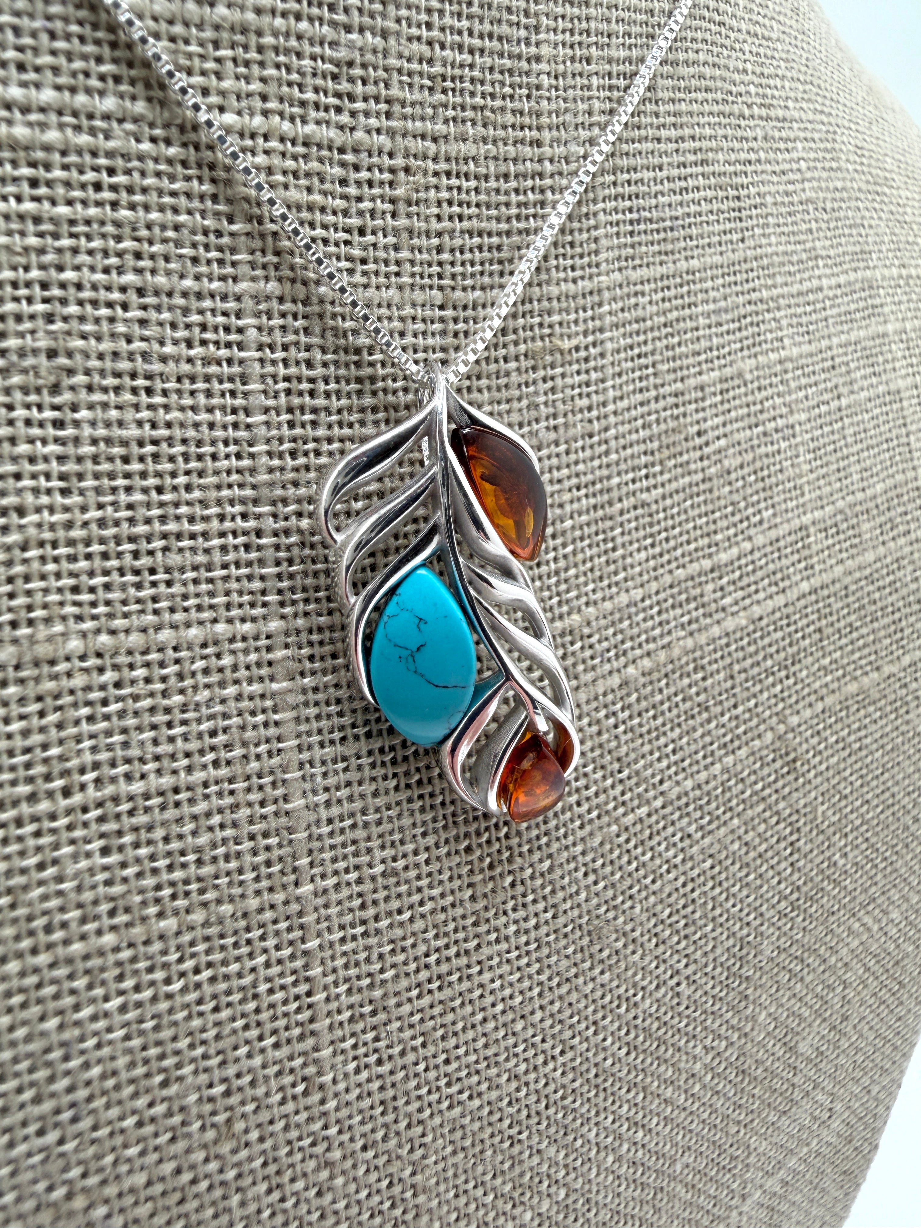 Sterling Silver, Genuine Baltic Amber & Turquoise Leaf Pendant on Silver Chain