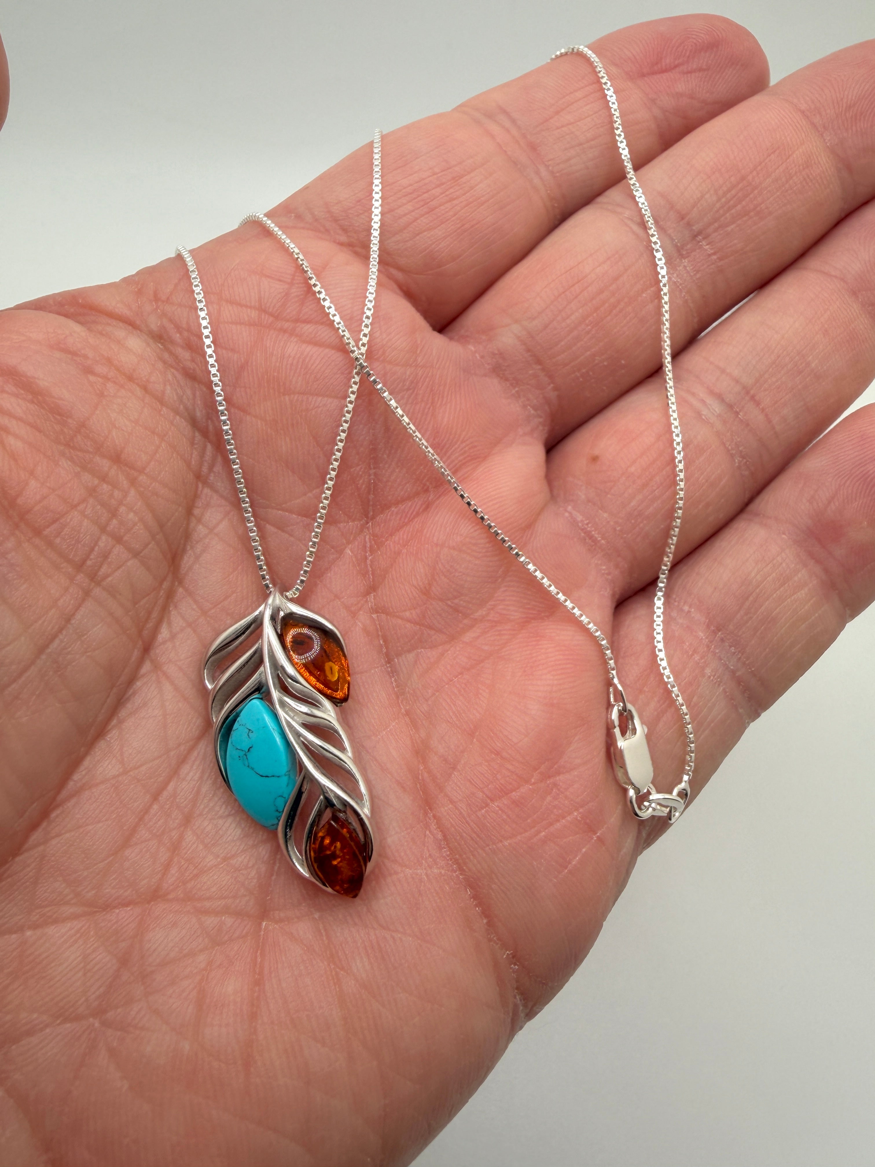 Sterling Silver, Genuine Baltic Amber & Turquoise Leaf Pendant on Silver Chain
