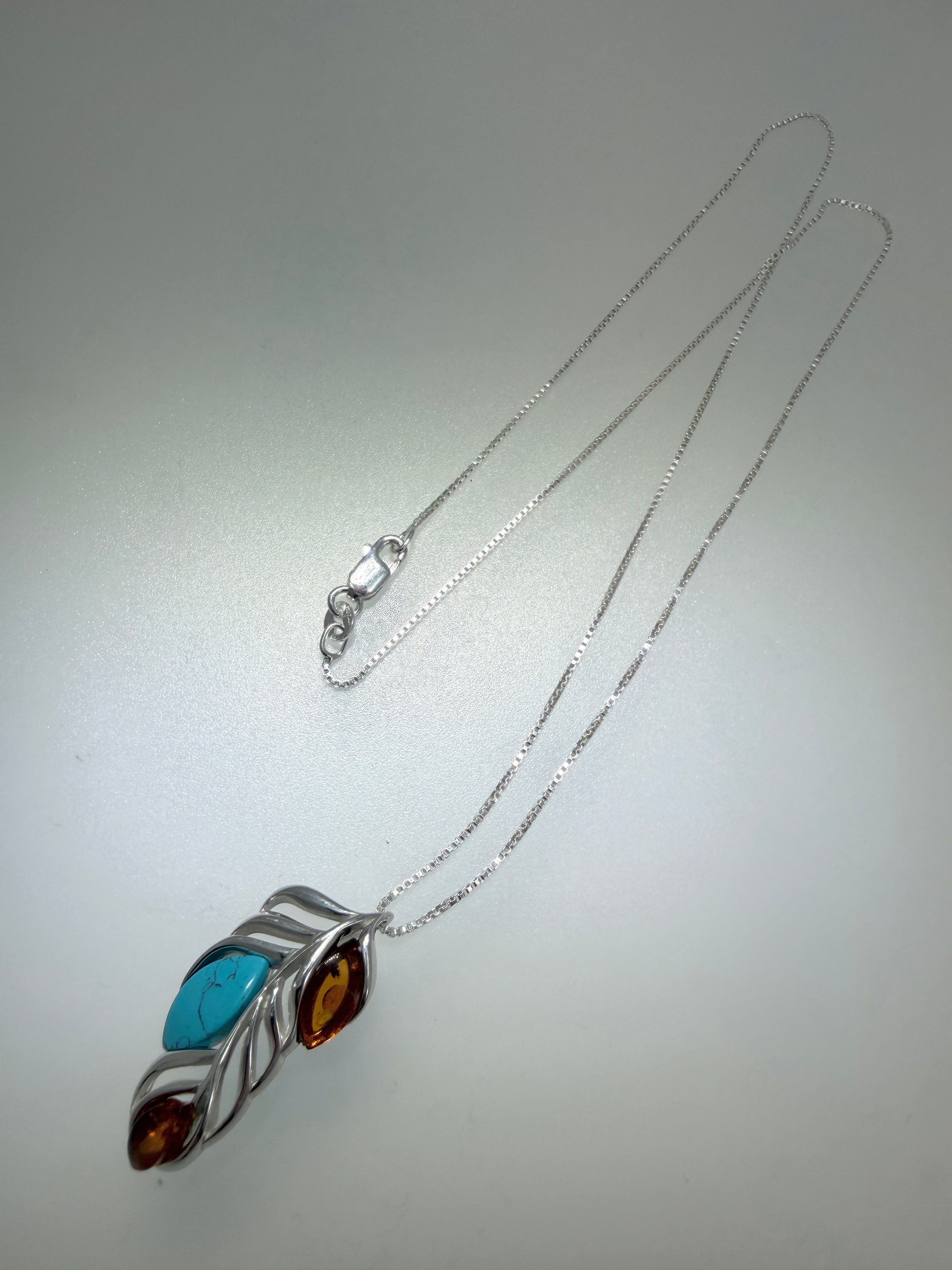 Sterling Silver, Genuine Baltic Amber & Turquoise Leaf Pendant on Silver Chain