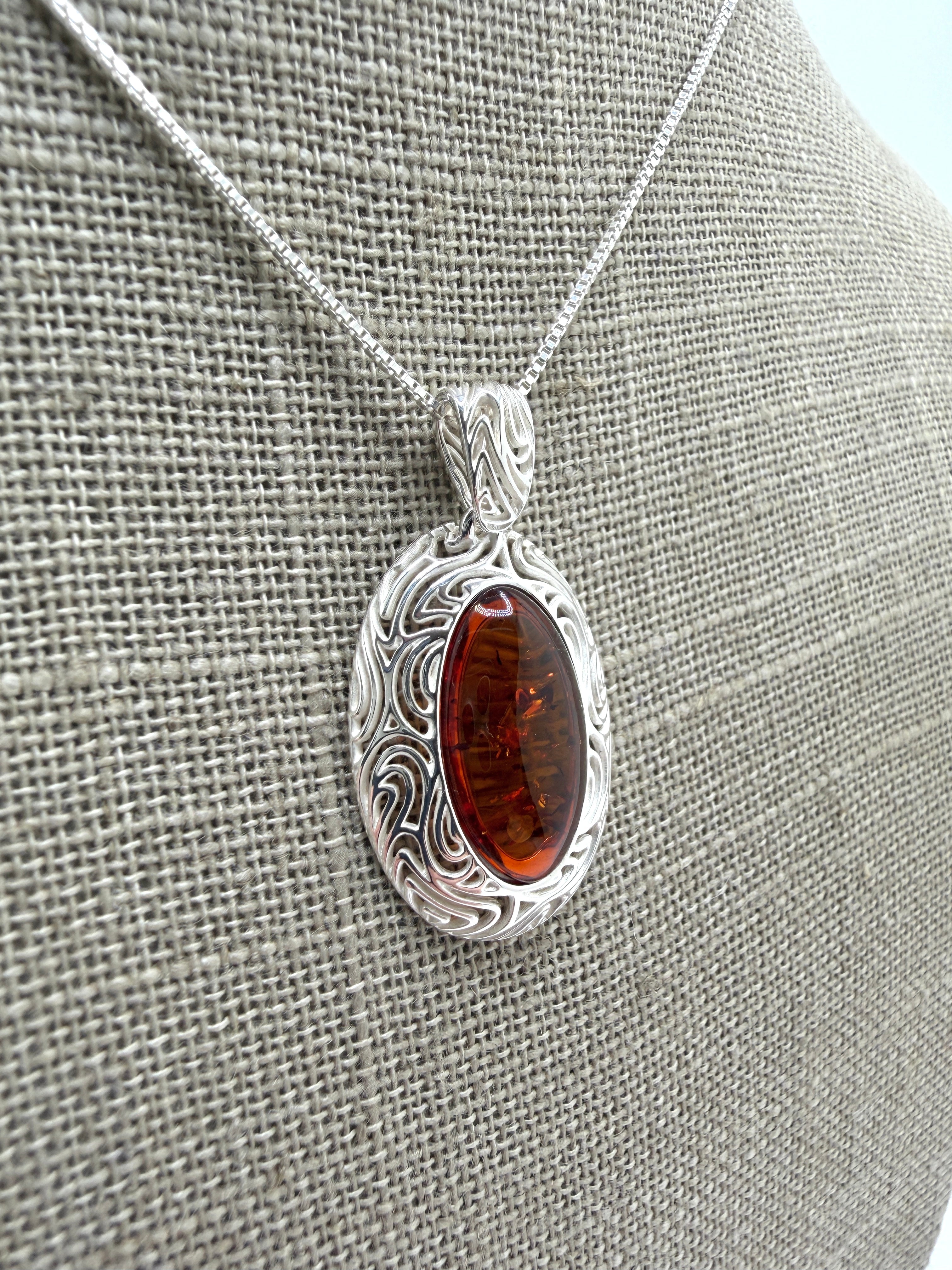 Sterling Silver Oval Honey Baltic Amber Pendant Necklace | Modern Whimsical Design