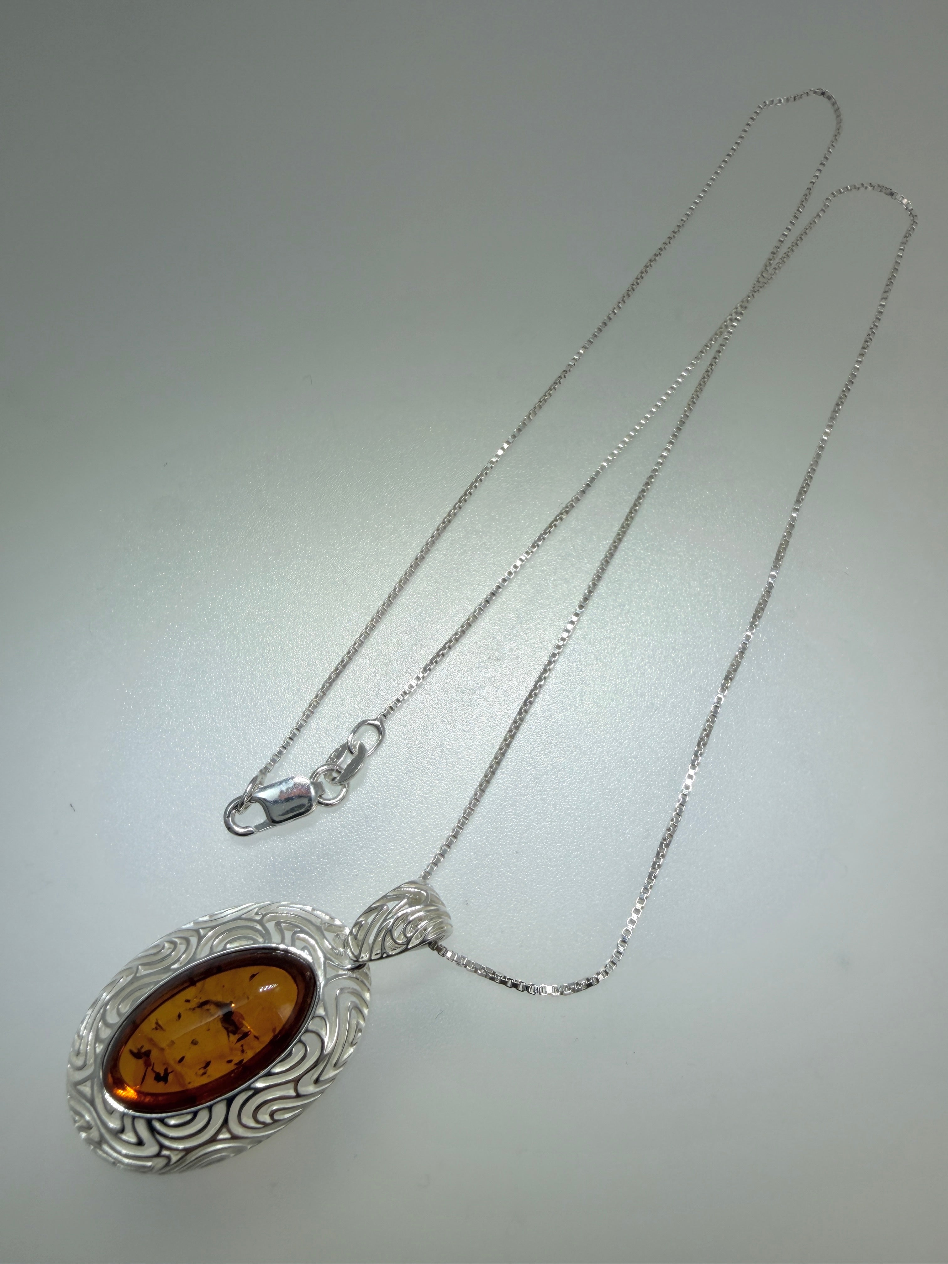 Sterling Silver Oval Honey Baltic Amber Pendant Necklace | Modern Whimsical Design