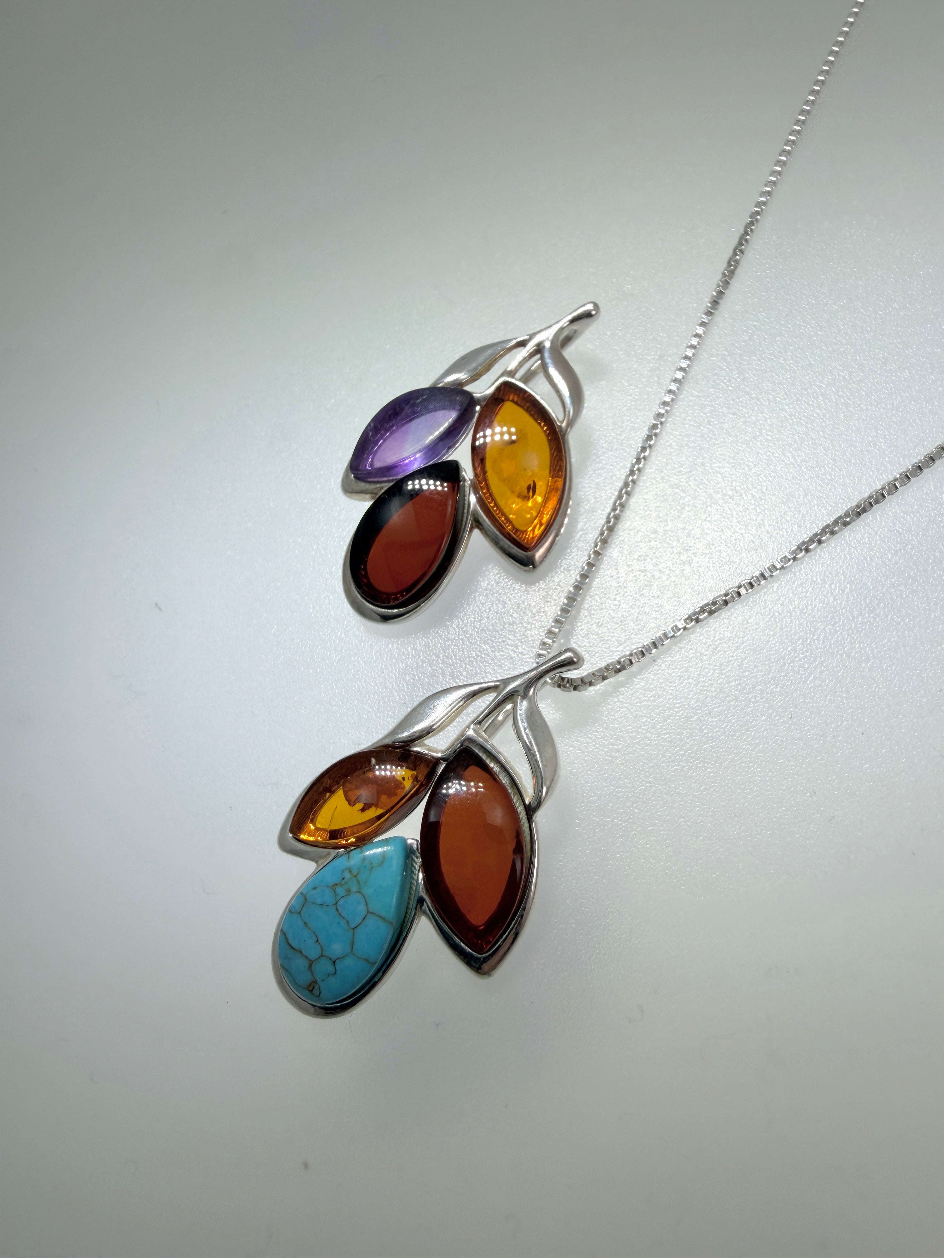 Baltic Amber & Gemstone Pendant – Sterling Silver – Modern Whimsical Design – Made in Poland