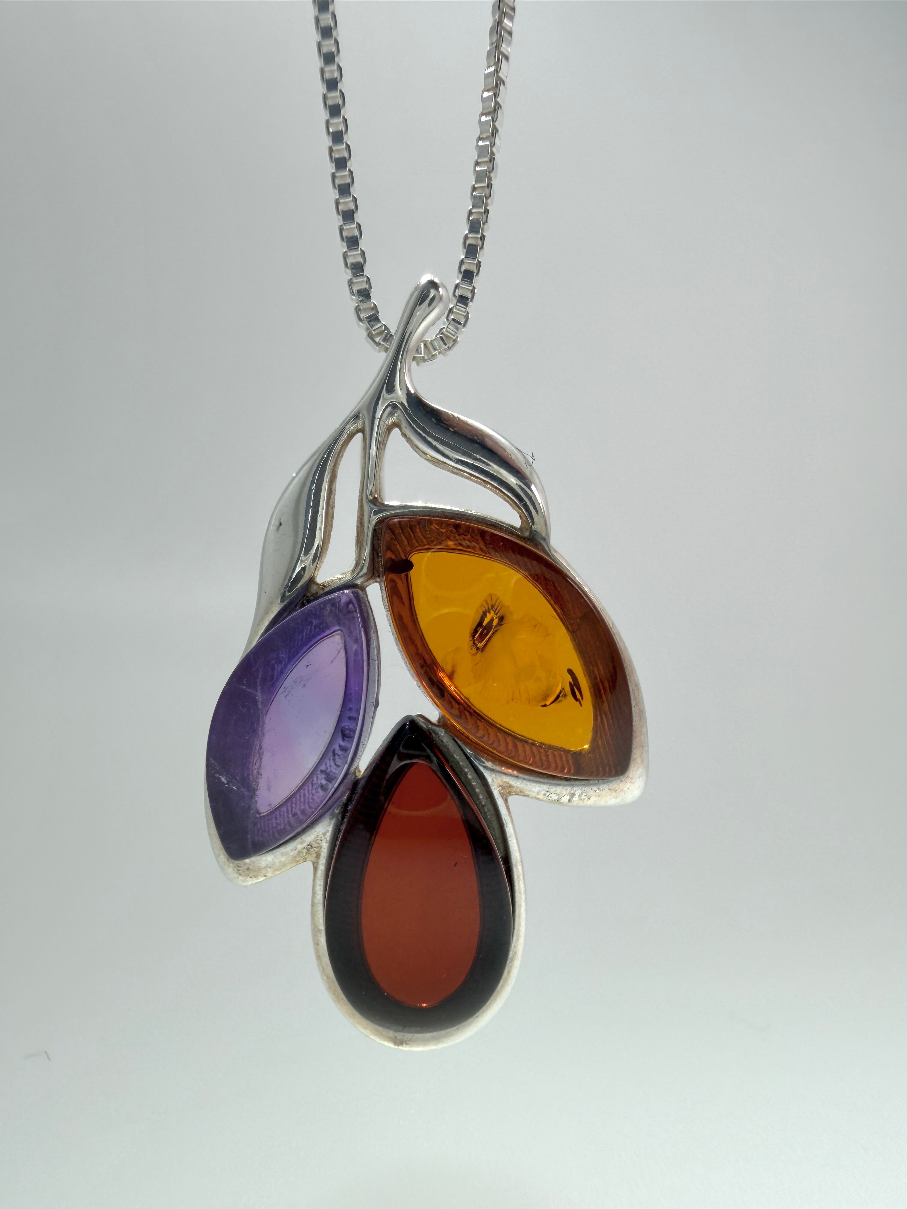 Baltic Amber & Gemstone Pendant – Sterling Silver – Modern Whimsical Design – Made in Poland