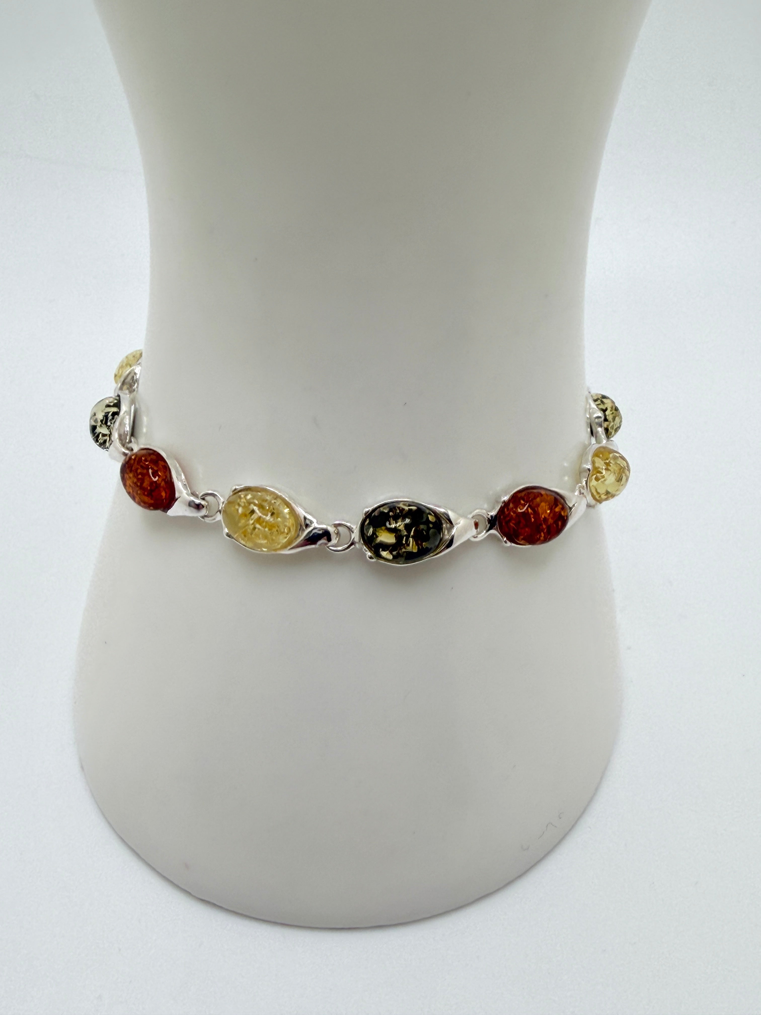 Sterling Silver & Genuine Baltic Amber Link Bracelet