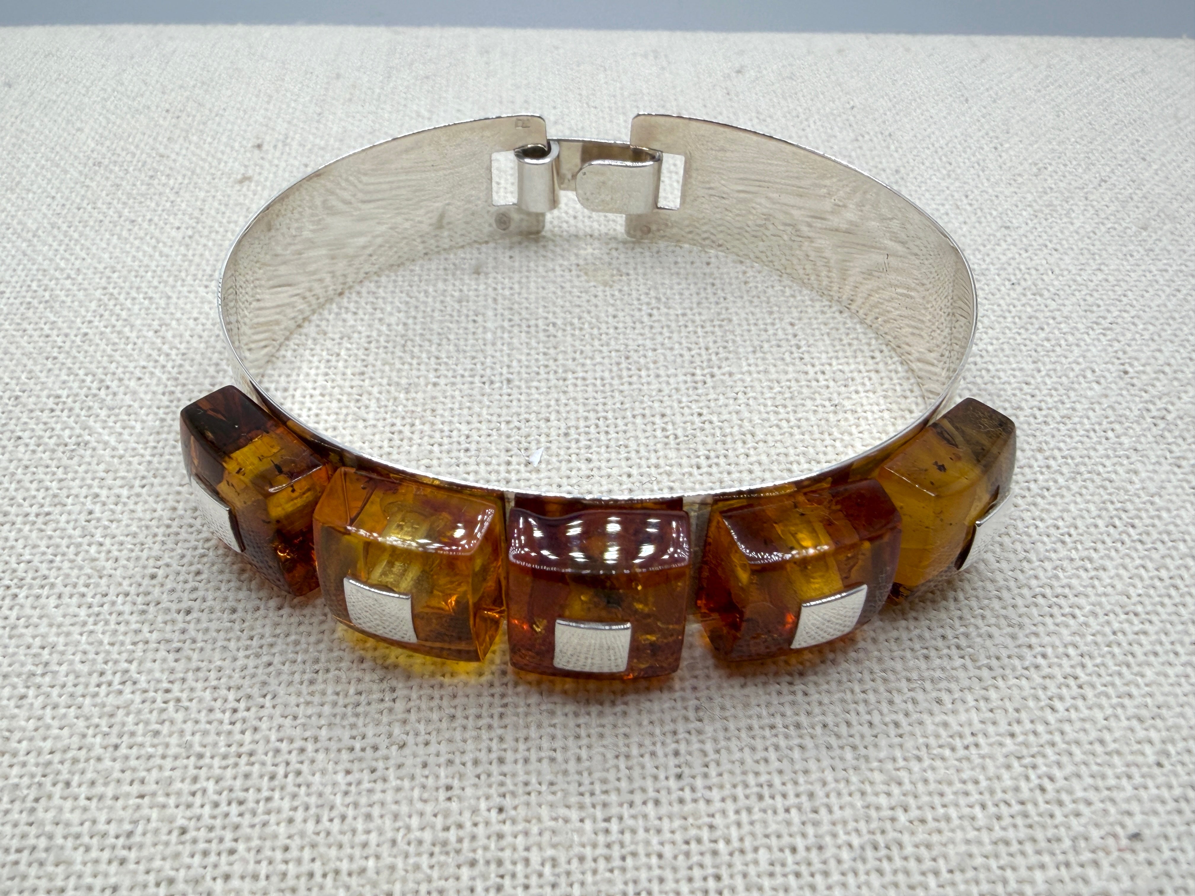 Ambermoda Designer Sterling Silver & Genuine Baltic Amber Cuff Bracelet with Five Honey Squares