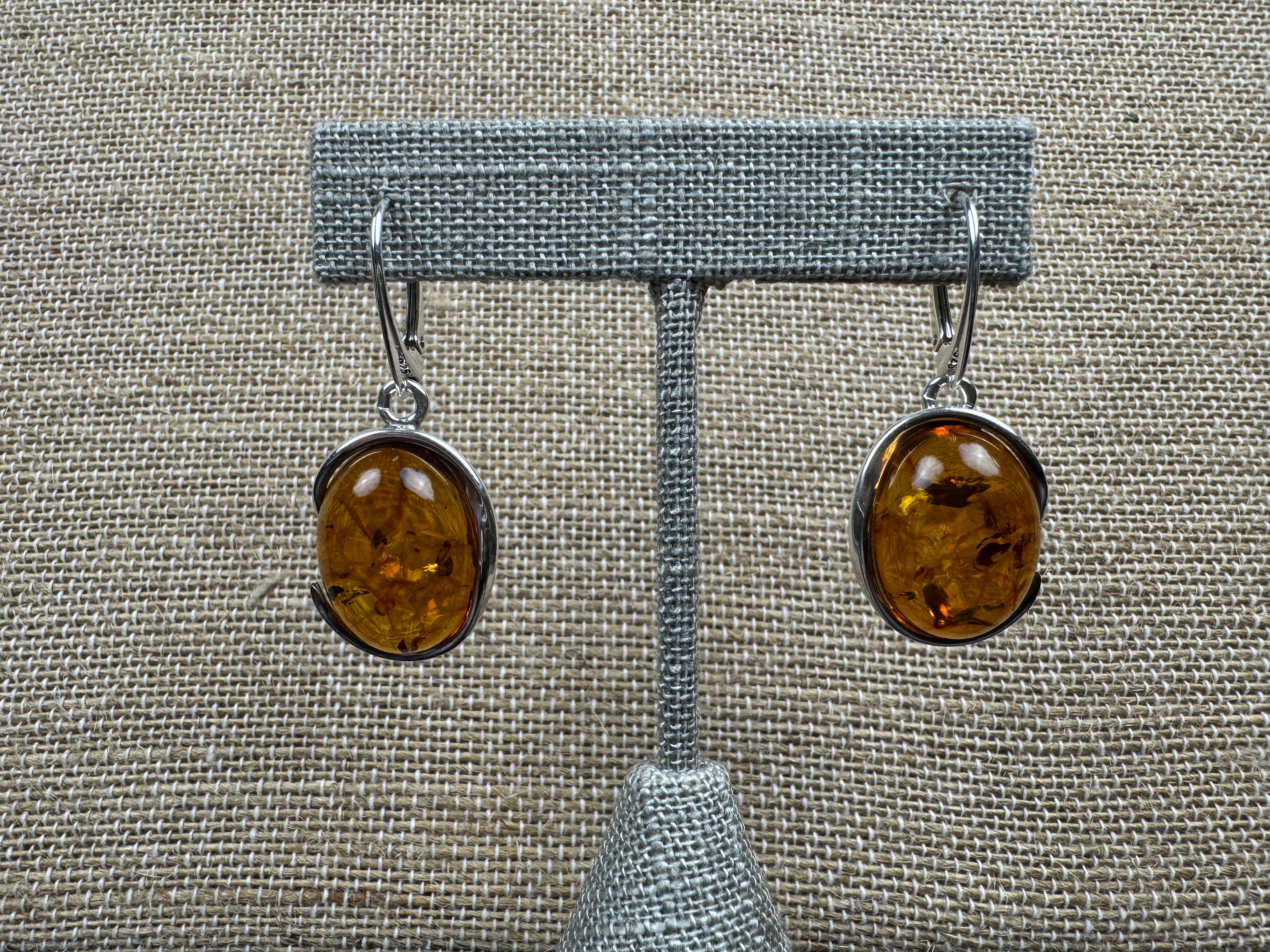 Large Genuine Baltic Amber Lever Back Earrings | Sterling Silver Cabochon Drops Handmade in Poland