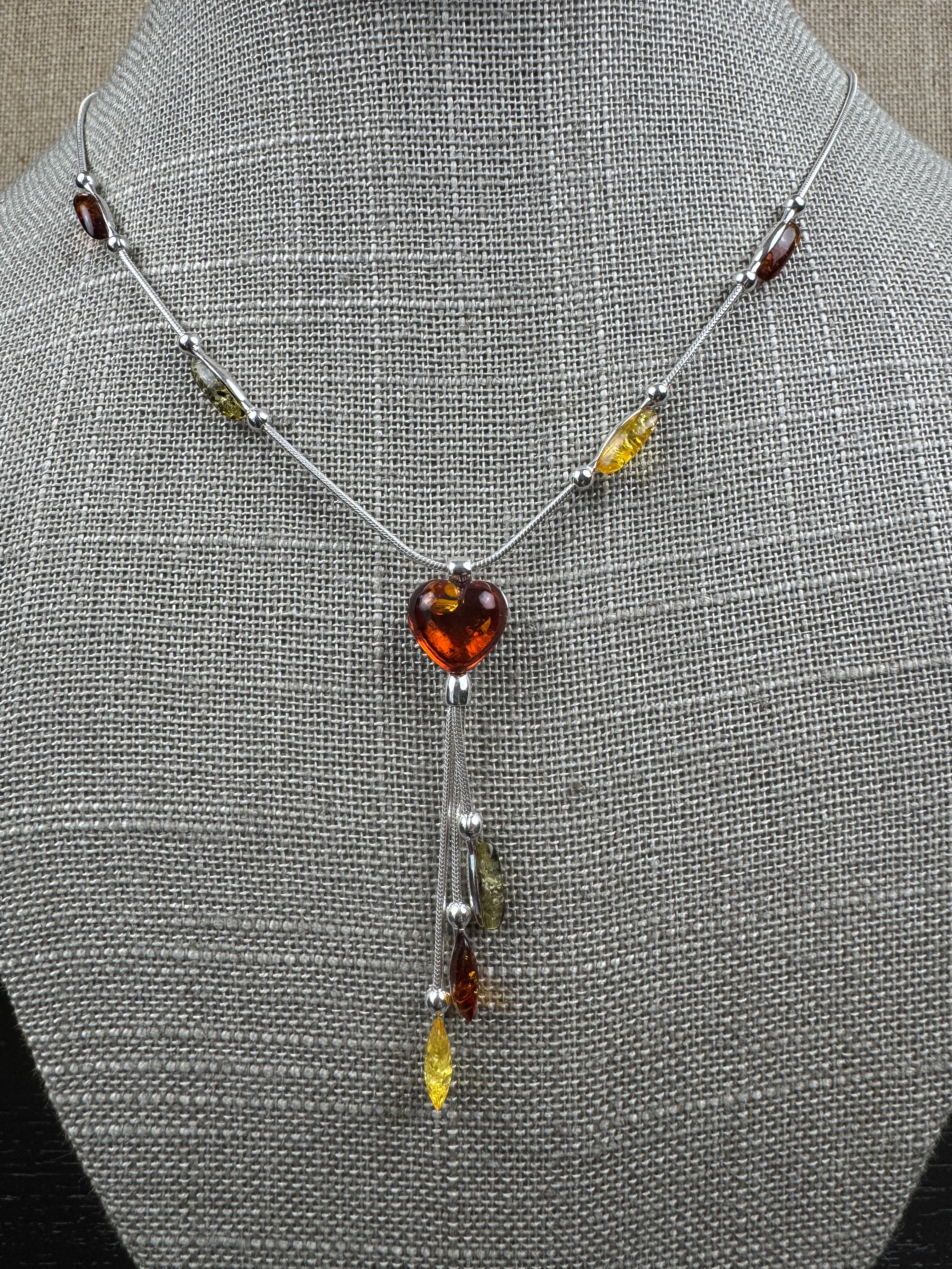 Multicolor Baltic Amber Lariat Necklace – Sterling Silver with Cognac Heart & Hanging Amber Drops