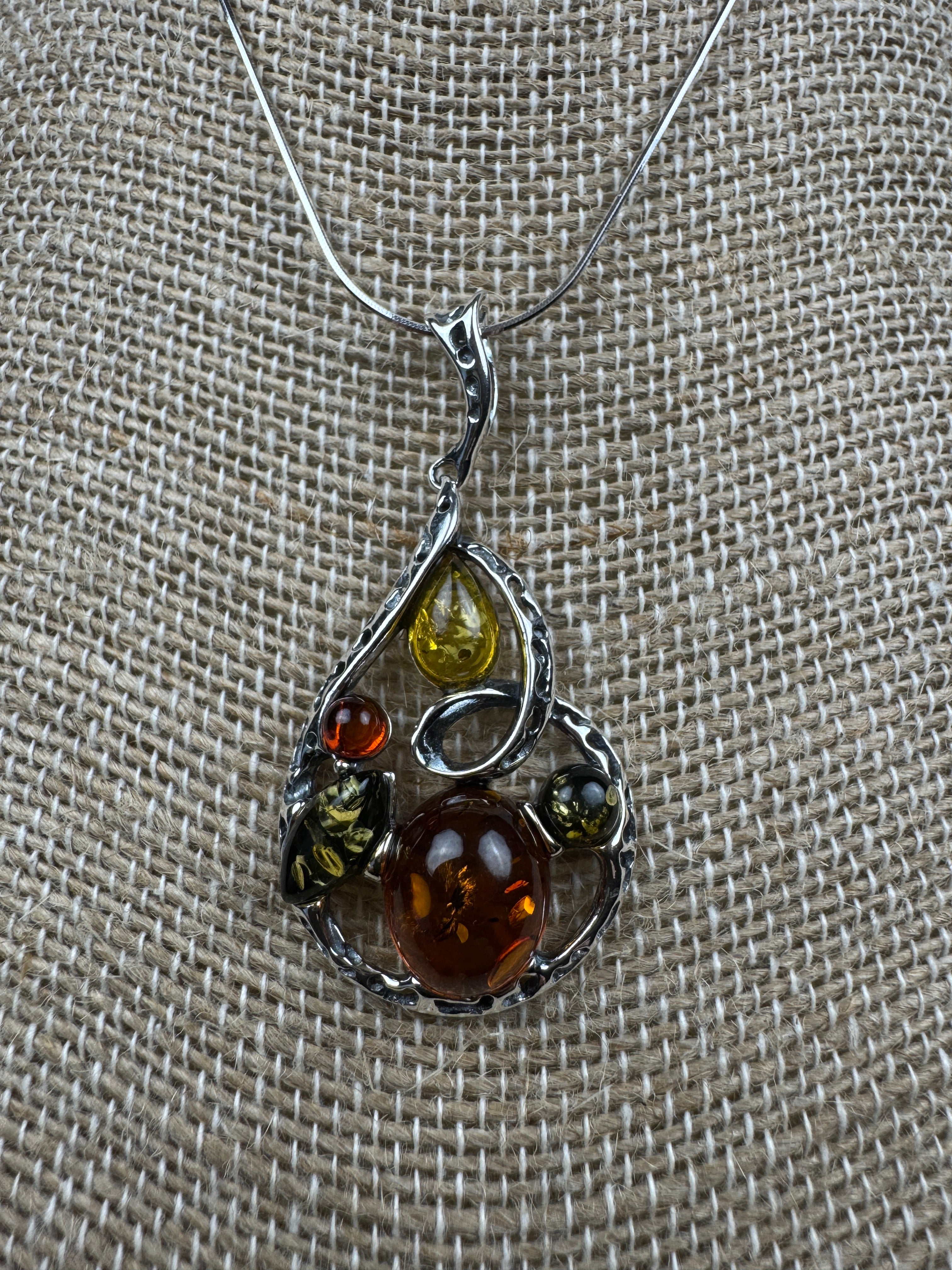 Artisan Multicolor Baltic Amber Pendant in Oxidized Sterling Silver