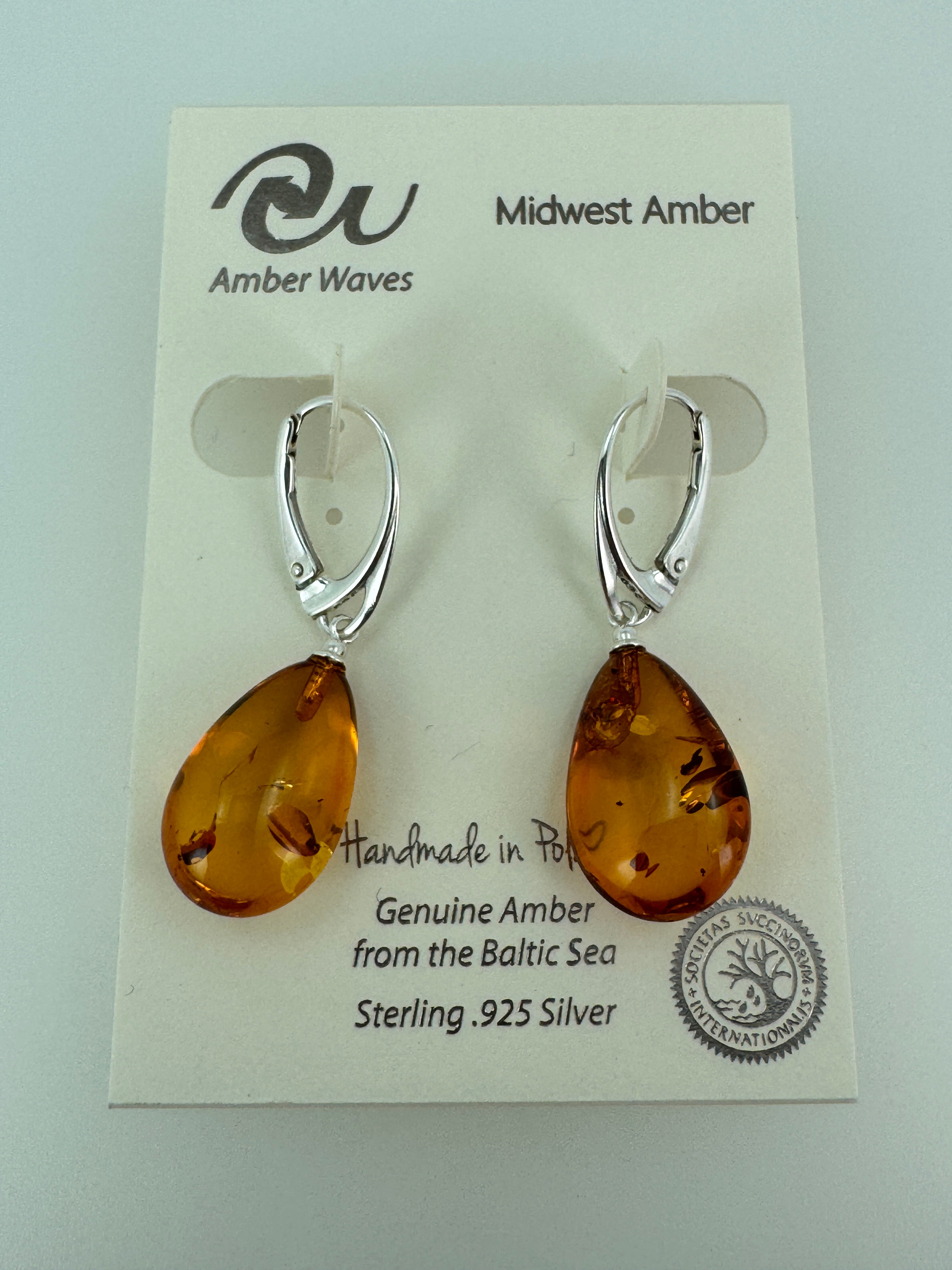 Handmade Baltic Amber Dangle Earrings | Natural Honey Cognac Teardrops with Sterling Silver Lever-Back Closures
