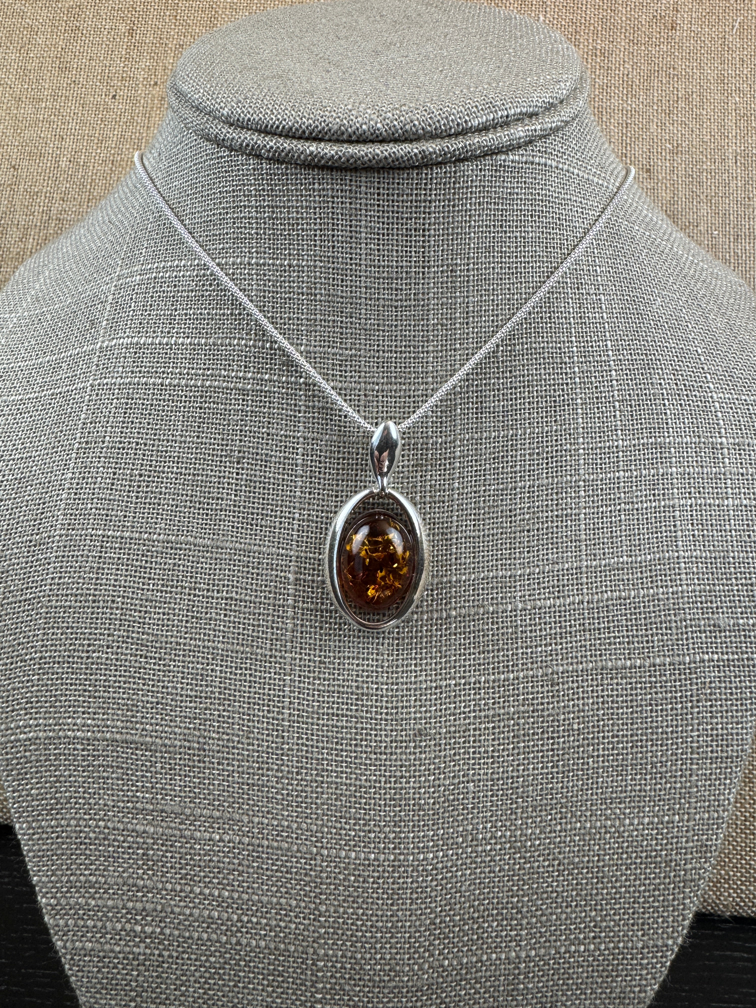 Modern Oval Cognac Amber Pendant Shipped on Choice of Sterling Silver Chain