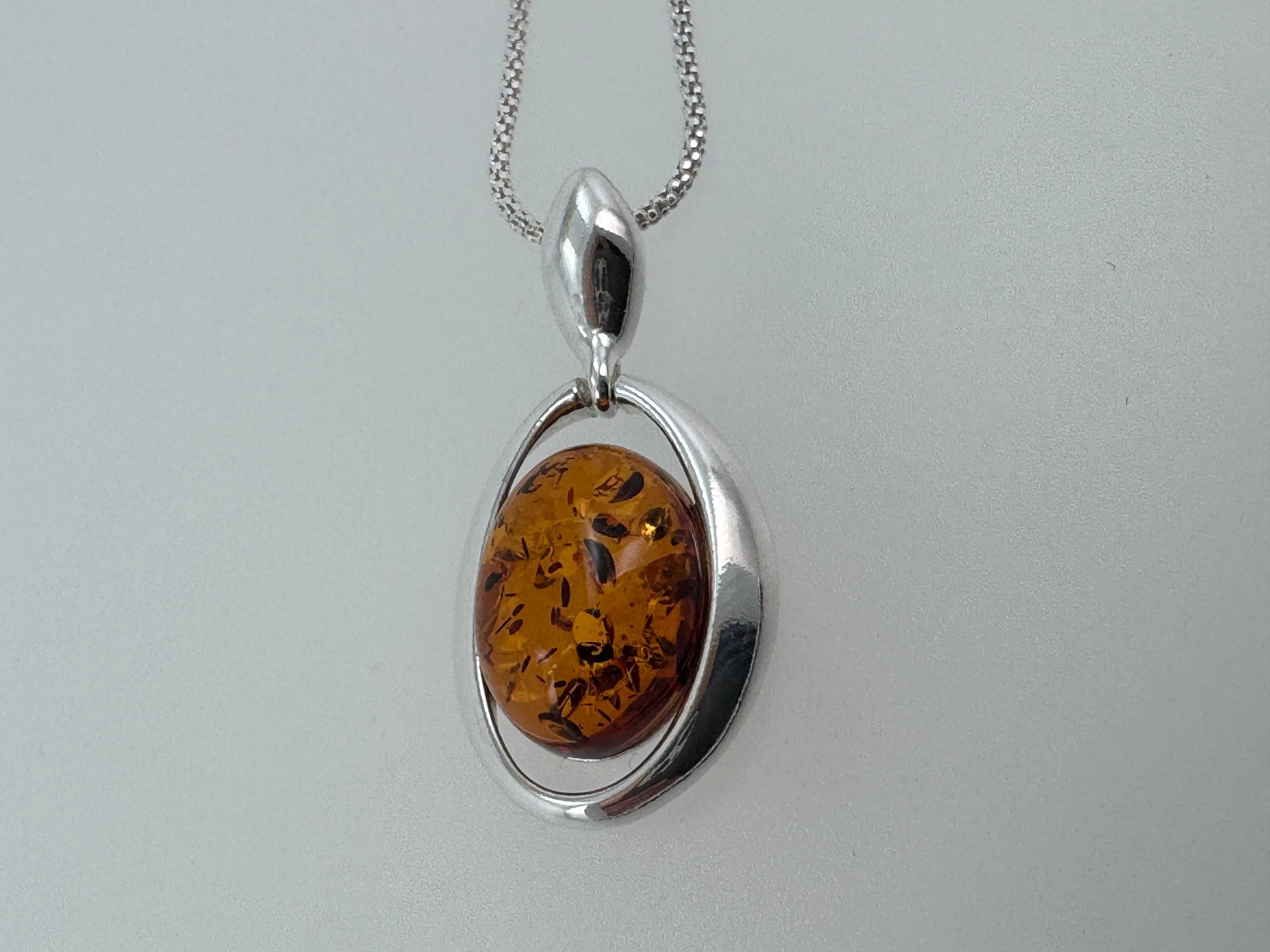 Modern Oval Cognac Amber Pendant Shipped on Choice of Sterling Silver Chain