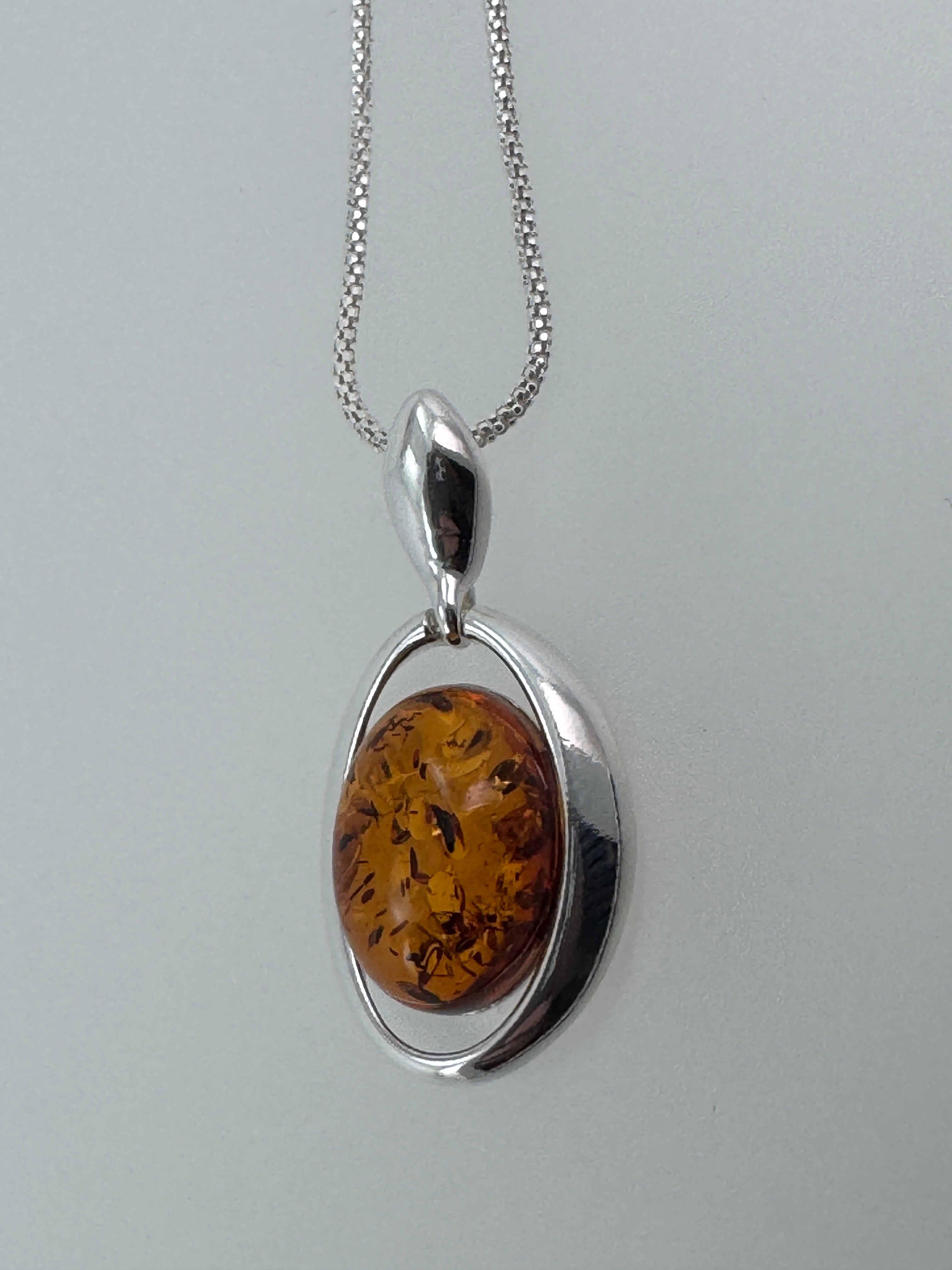 Modern Oval Cognac Amber Pendant Shipped on Choice of Sterling Silver Chain