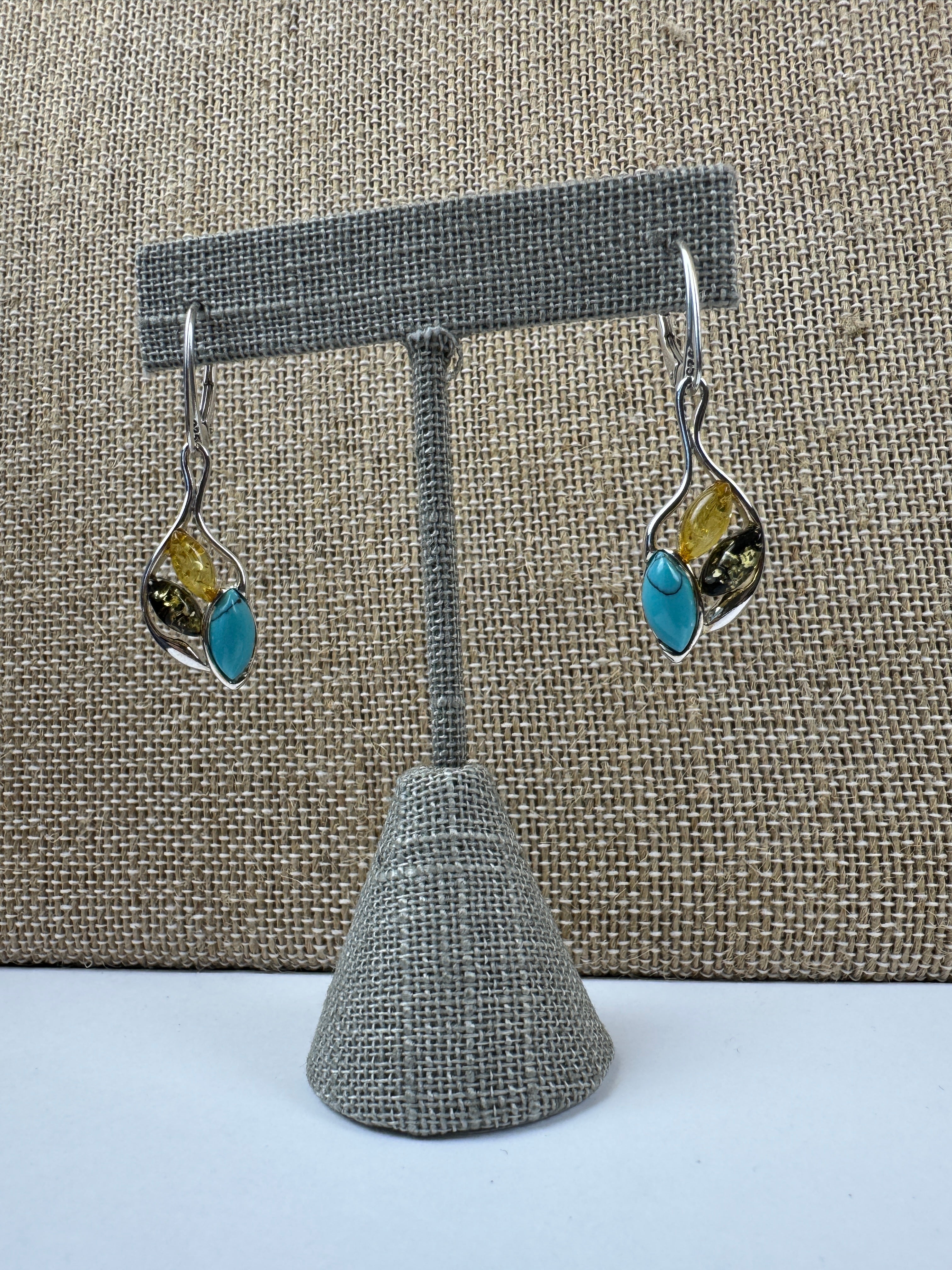 Handmade Baltic Amber & Turquoise Earrings | Sterling Silver Dangle Lever Backs from Poland