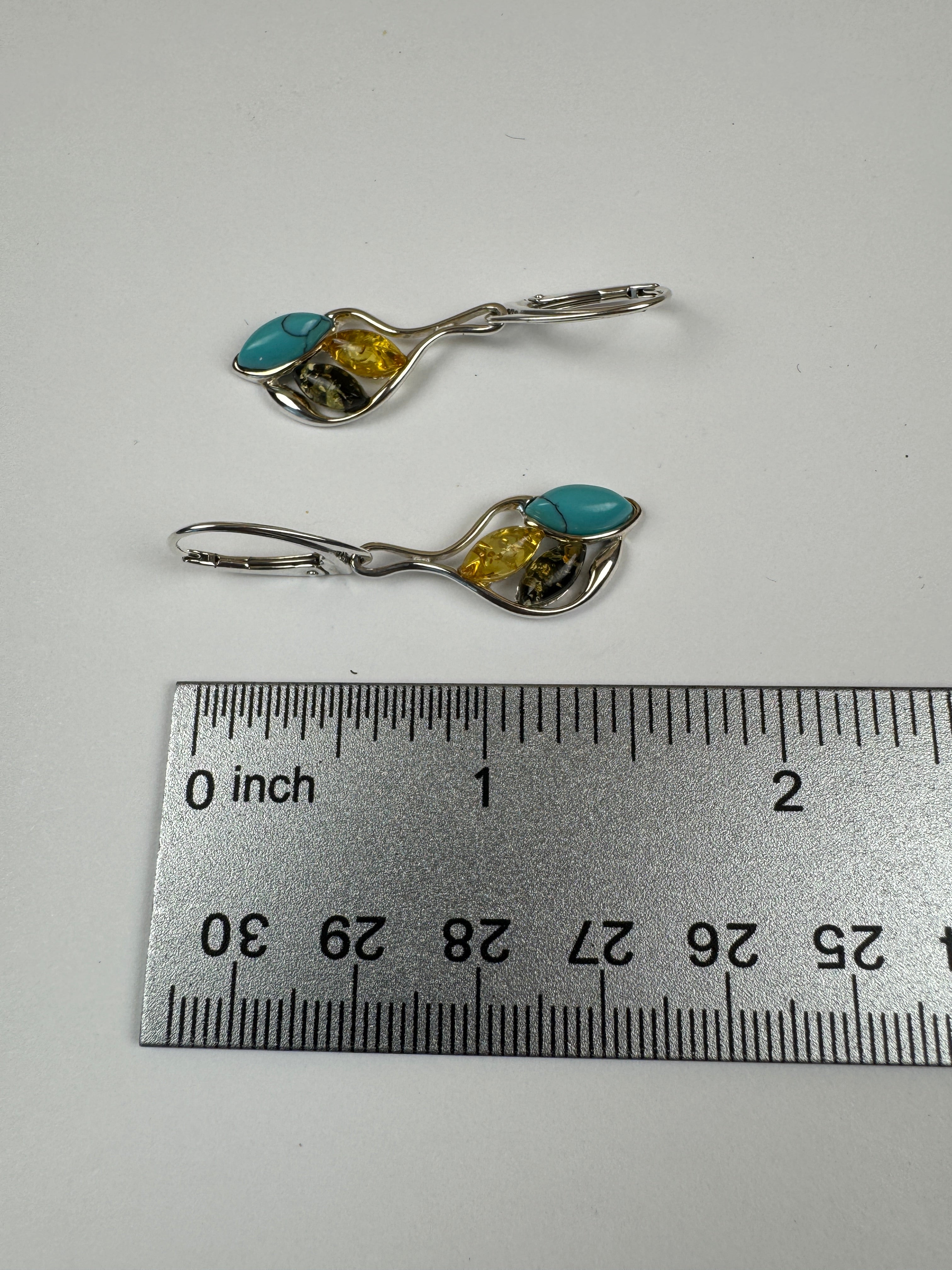 Handmade Baltic Amber & Turquoise Earrings | Sterling Silver Dangle Lever Backs from Poland