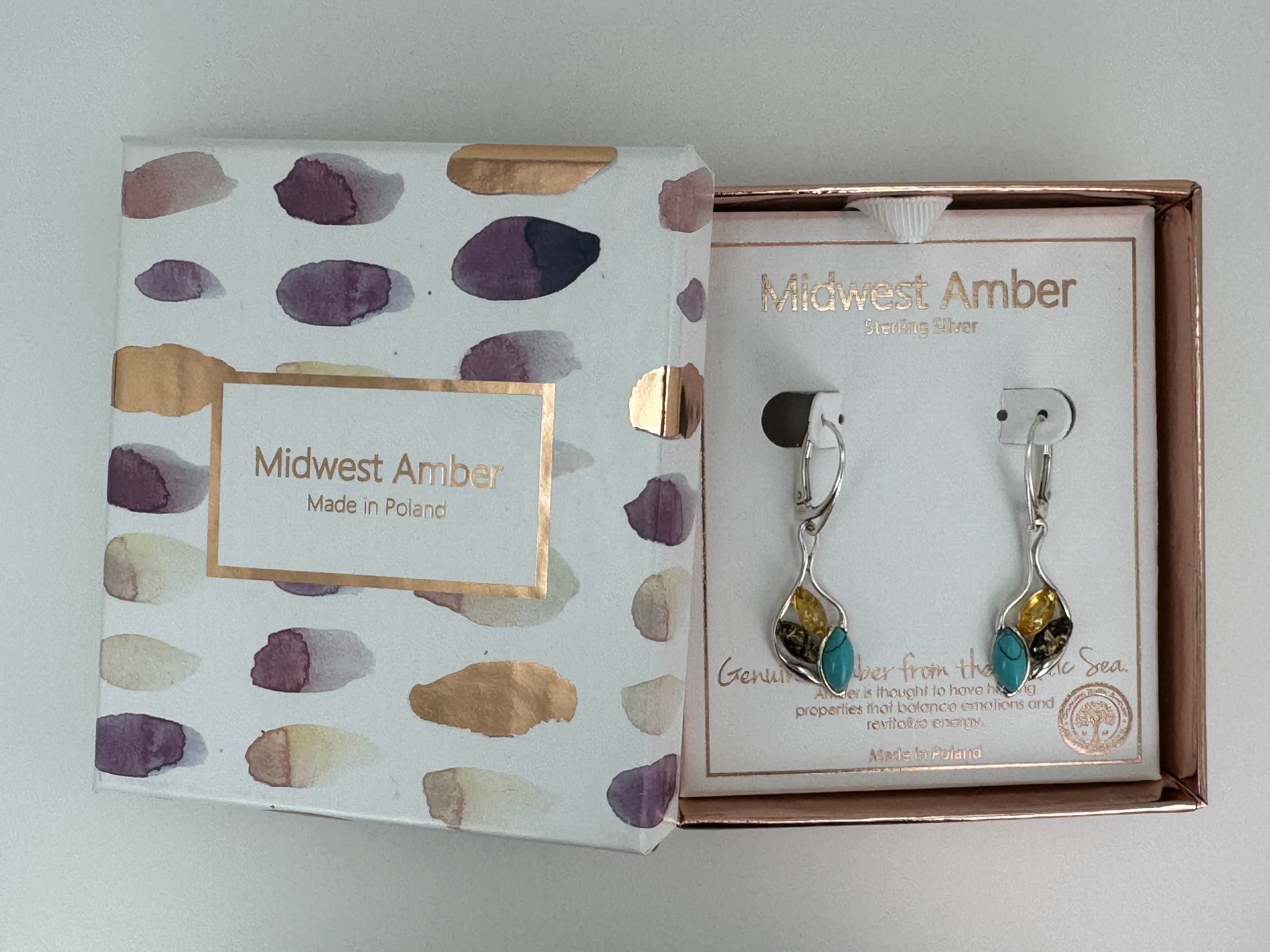 Handmade Baltic Amber & Turquoise Earrings | Sterling Silver Dangle Lever Backs from Poland