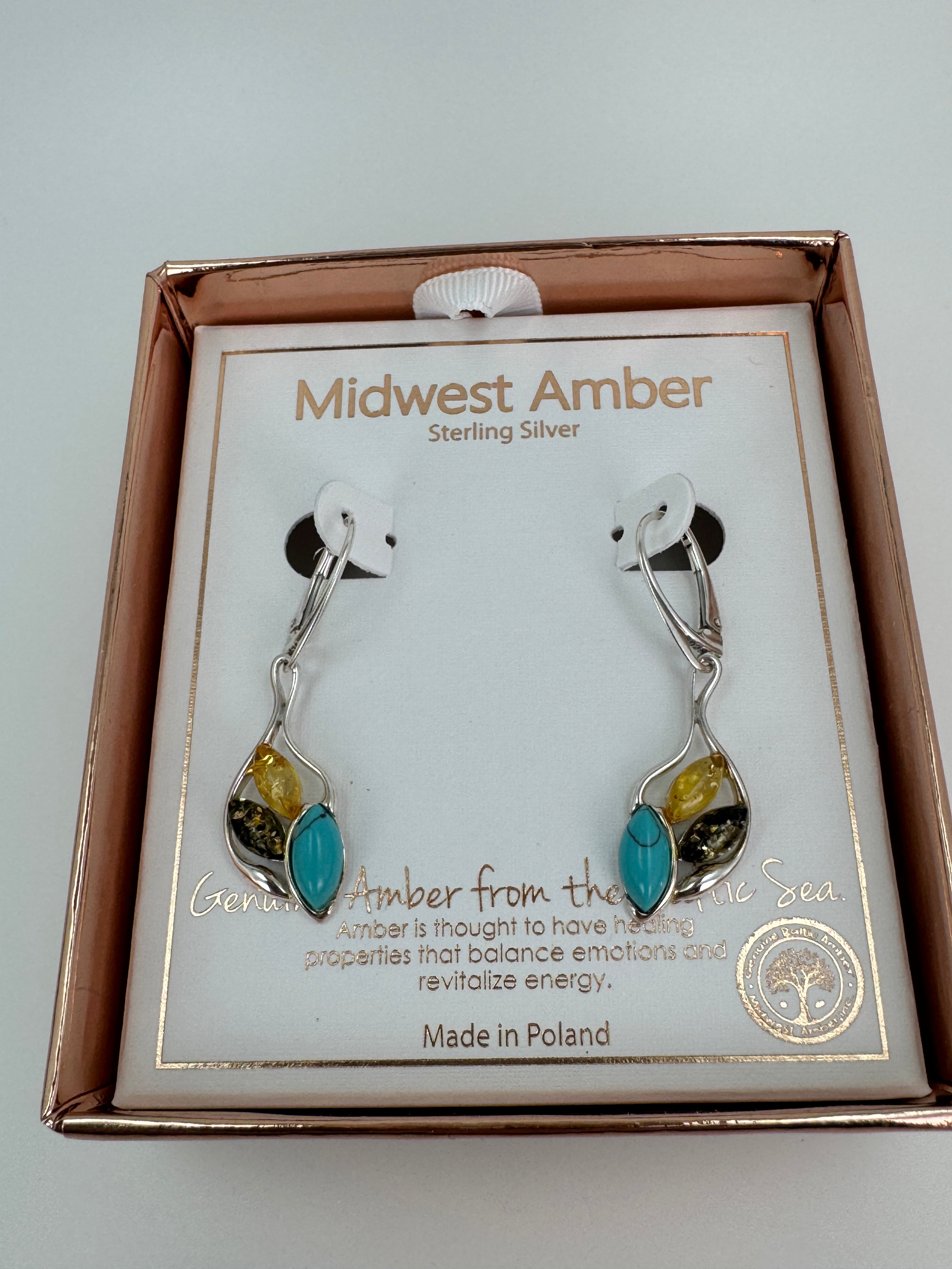 Handmade Baltic Amber & Turquoise Earrings | Sterling Silver Dangle Lever Backs from Poland