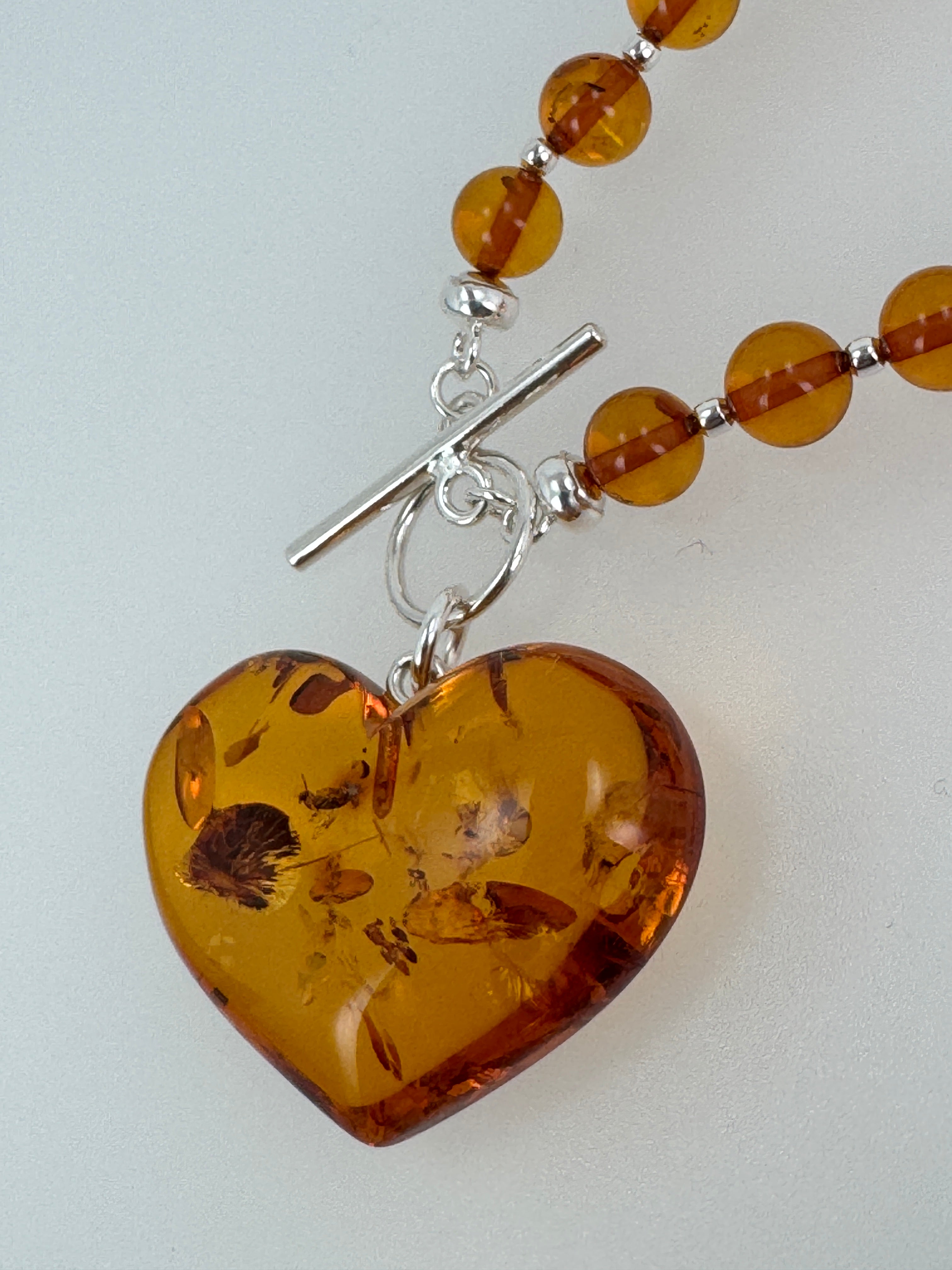 Cognac Baltic Amber Beaded Necklace – Puffy Honey Heart Pendant & Sterling Silver Toggle Closure
