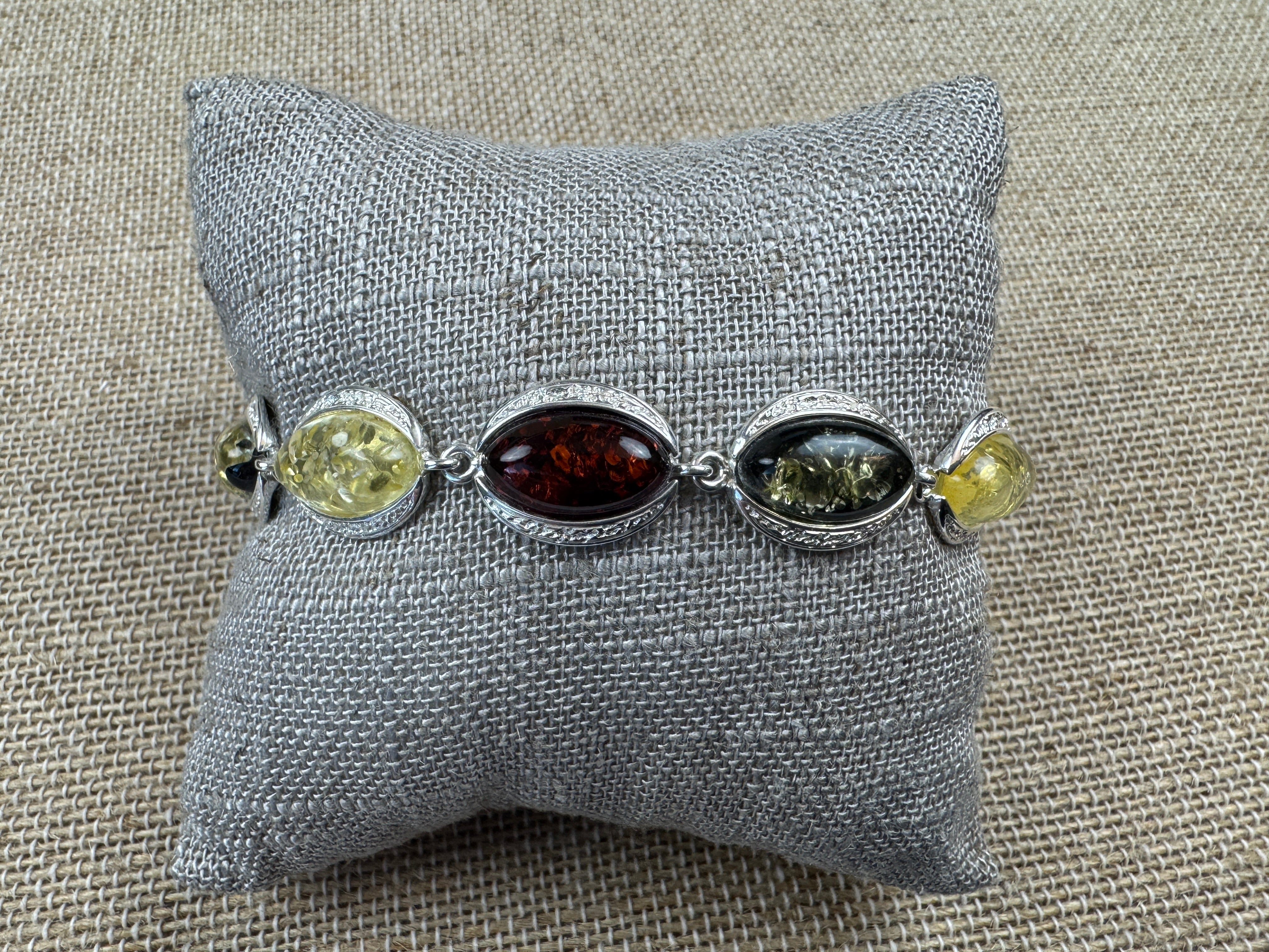 Baltic Amber Sterling Silver Link Bracelet – Cognac, Green, and Lemon Gemstone Jewelry