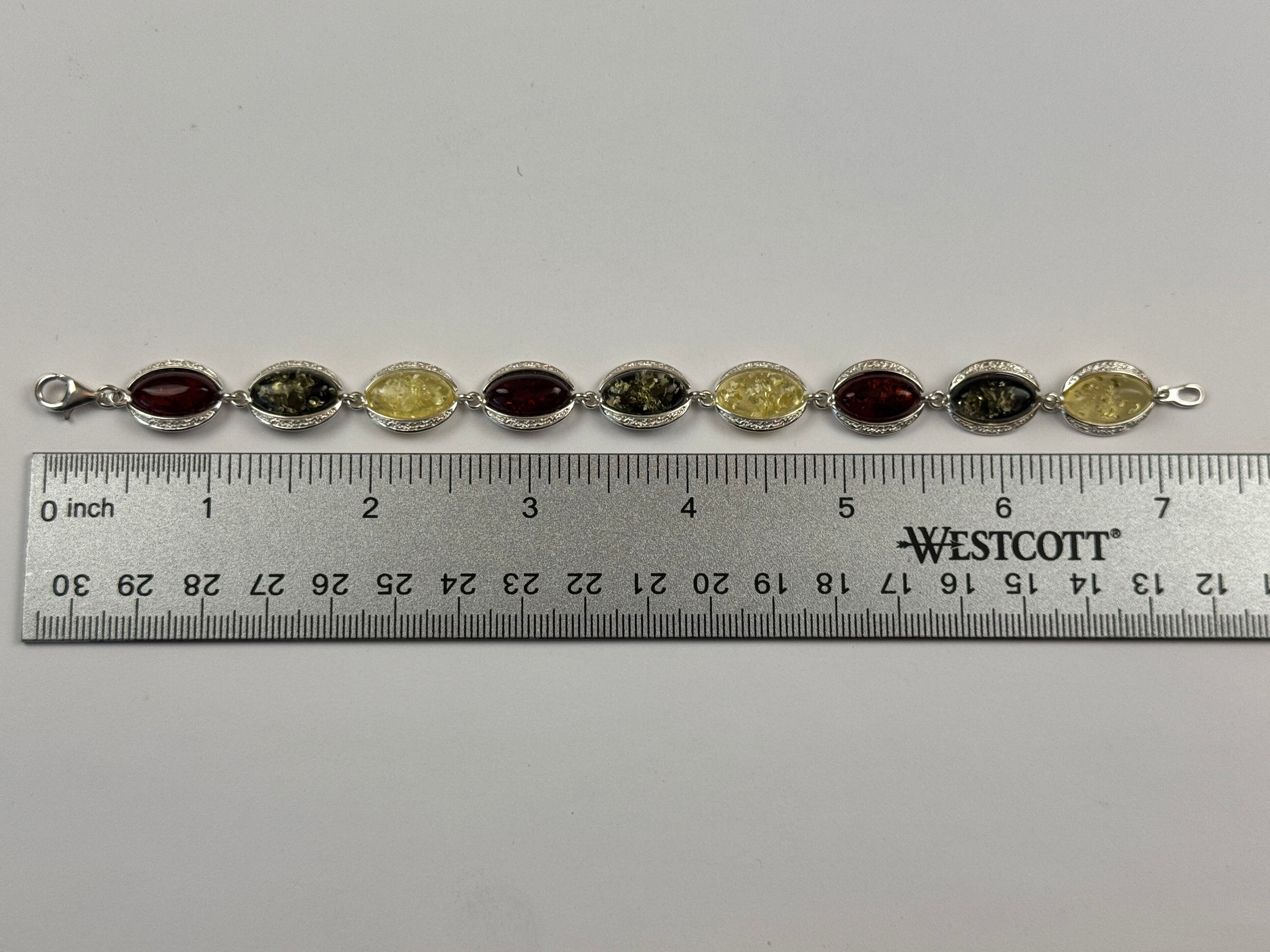 Baltic Amber Sterling Silver Link Bracelet – Cognac, Green, and Lemon Gemstone Jewelry