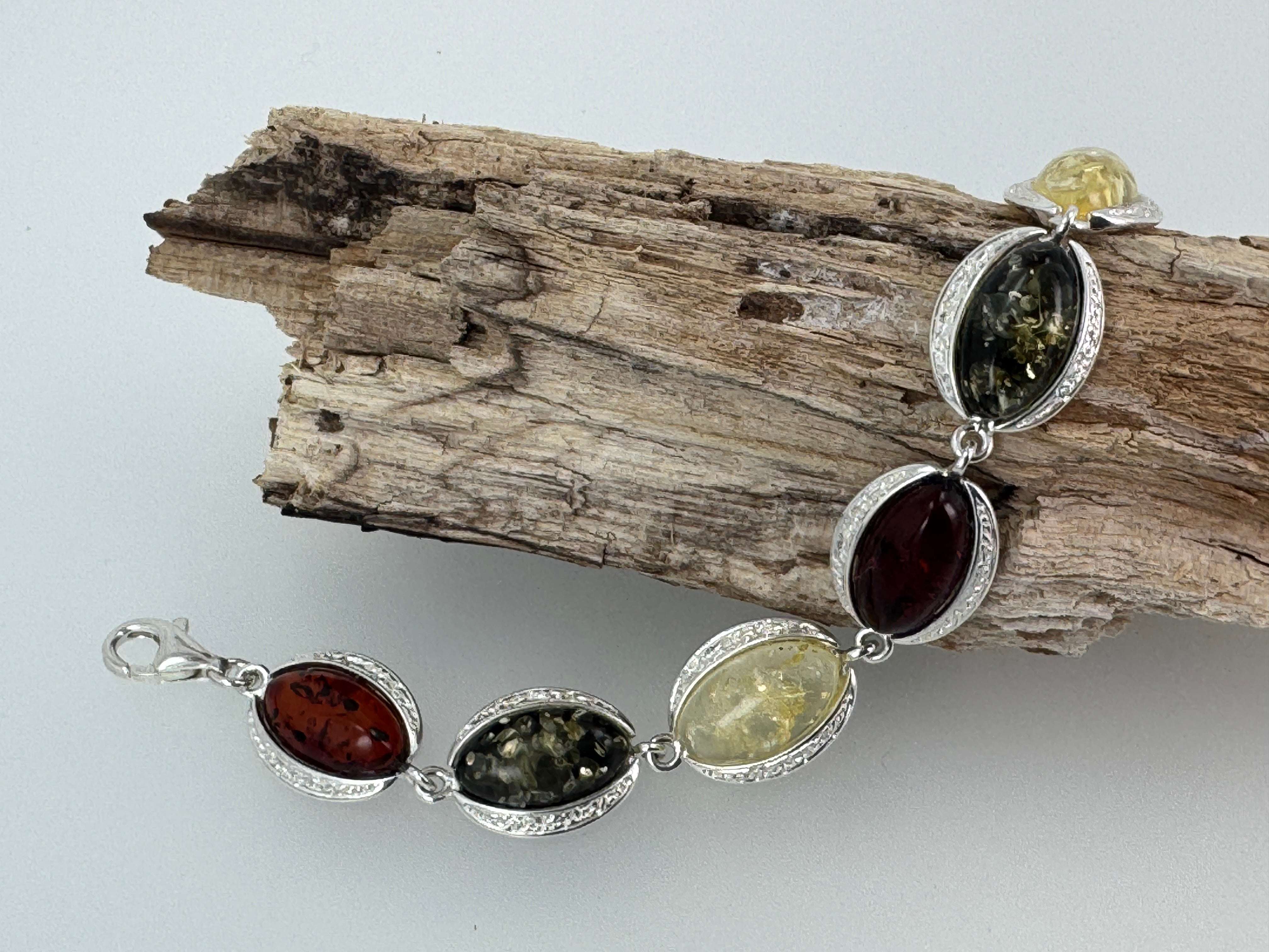 Baltic Amber Sterling Silver Link Bracelet – Cognac, Green, and Lemon Gemstone Jewelry