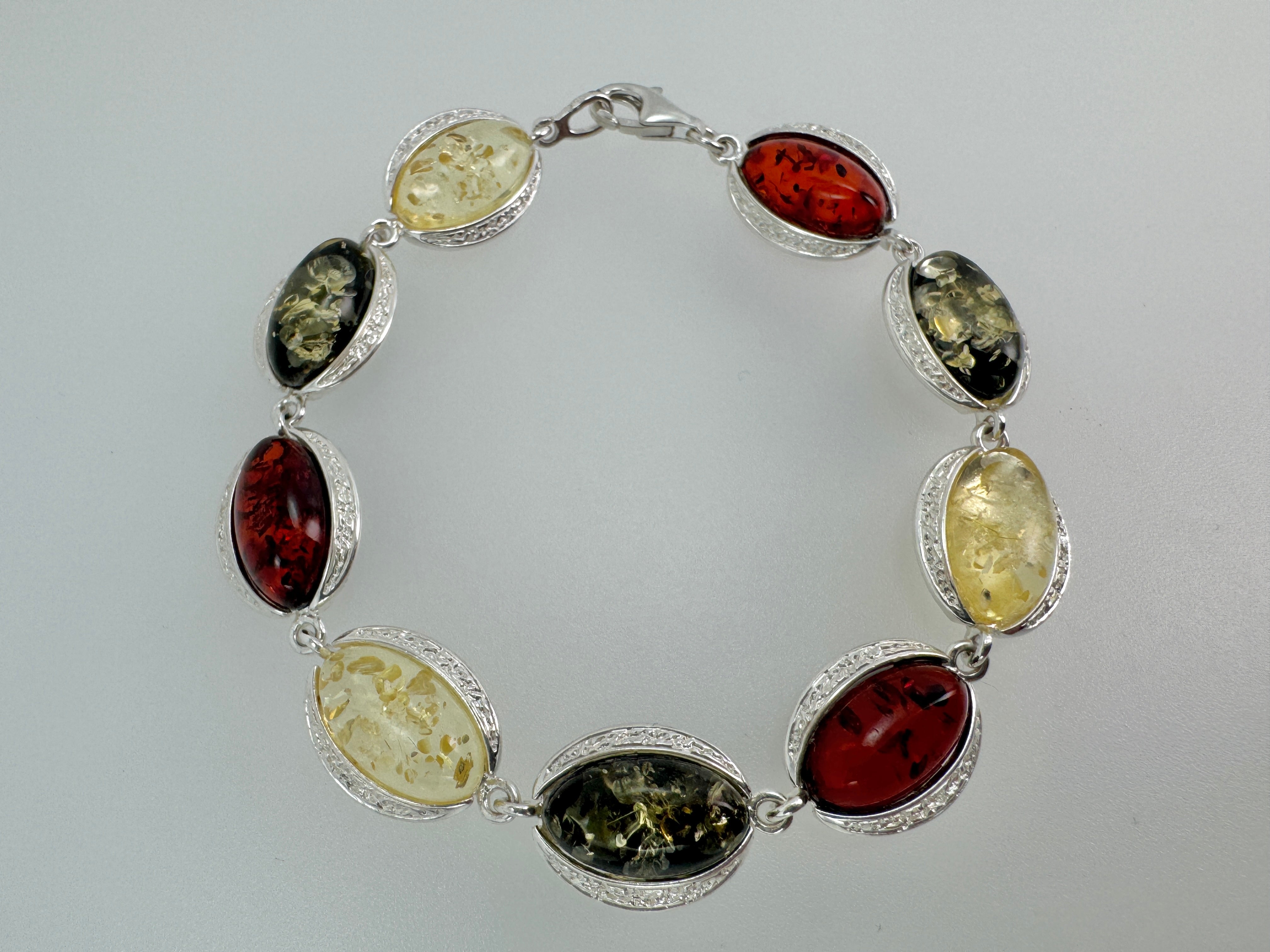 Baltic Amber Sterling Silver Link Bracelet – Cognac, Green, and Lemon Gemstone Jewelry