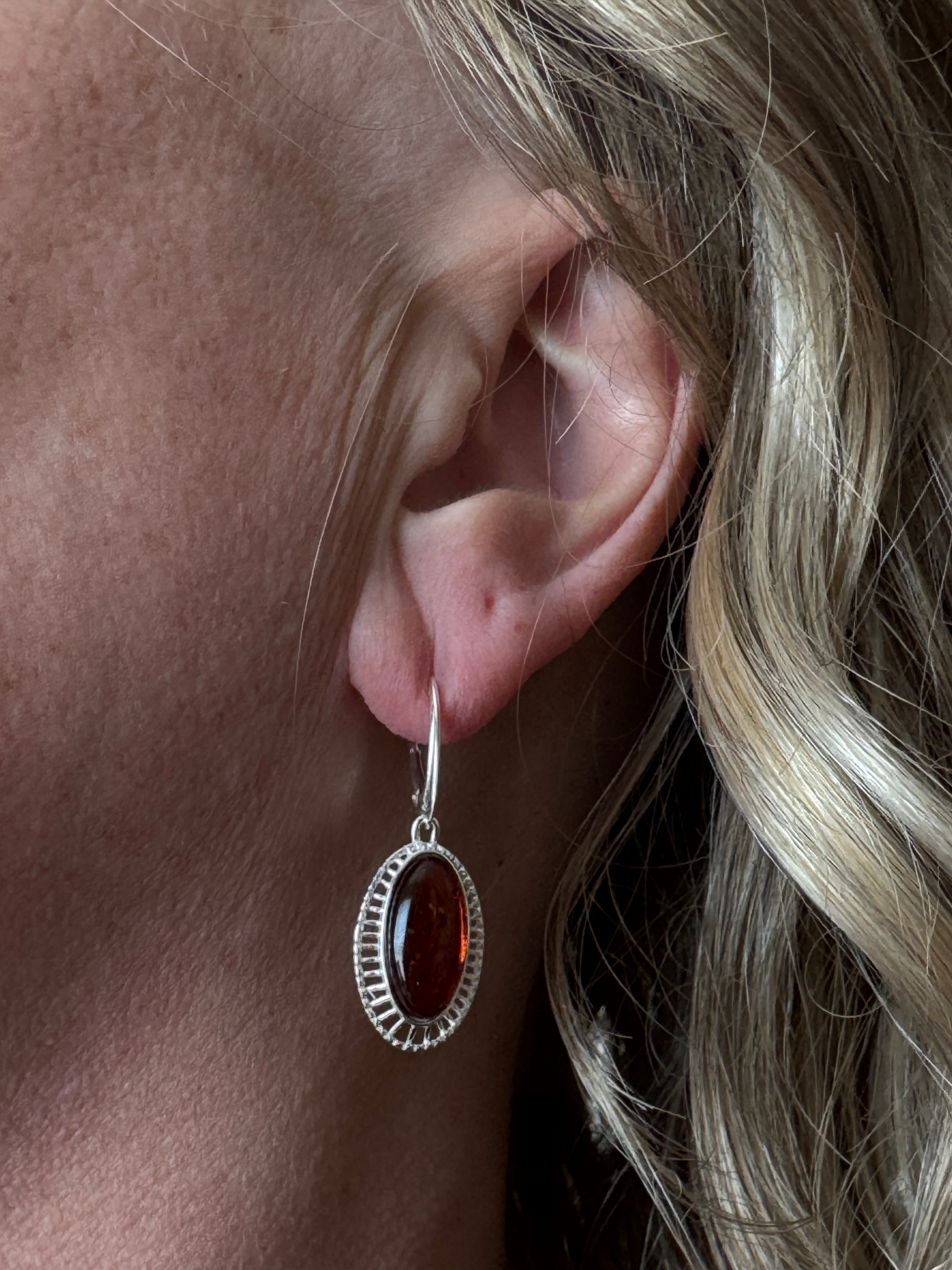 Elegant Baltic Amber Earrings | Oval Cognac Amber in Sterling Silver Basket - Lever Backs - Handmade in Poland