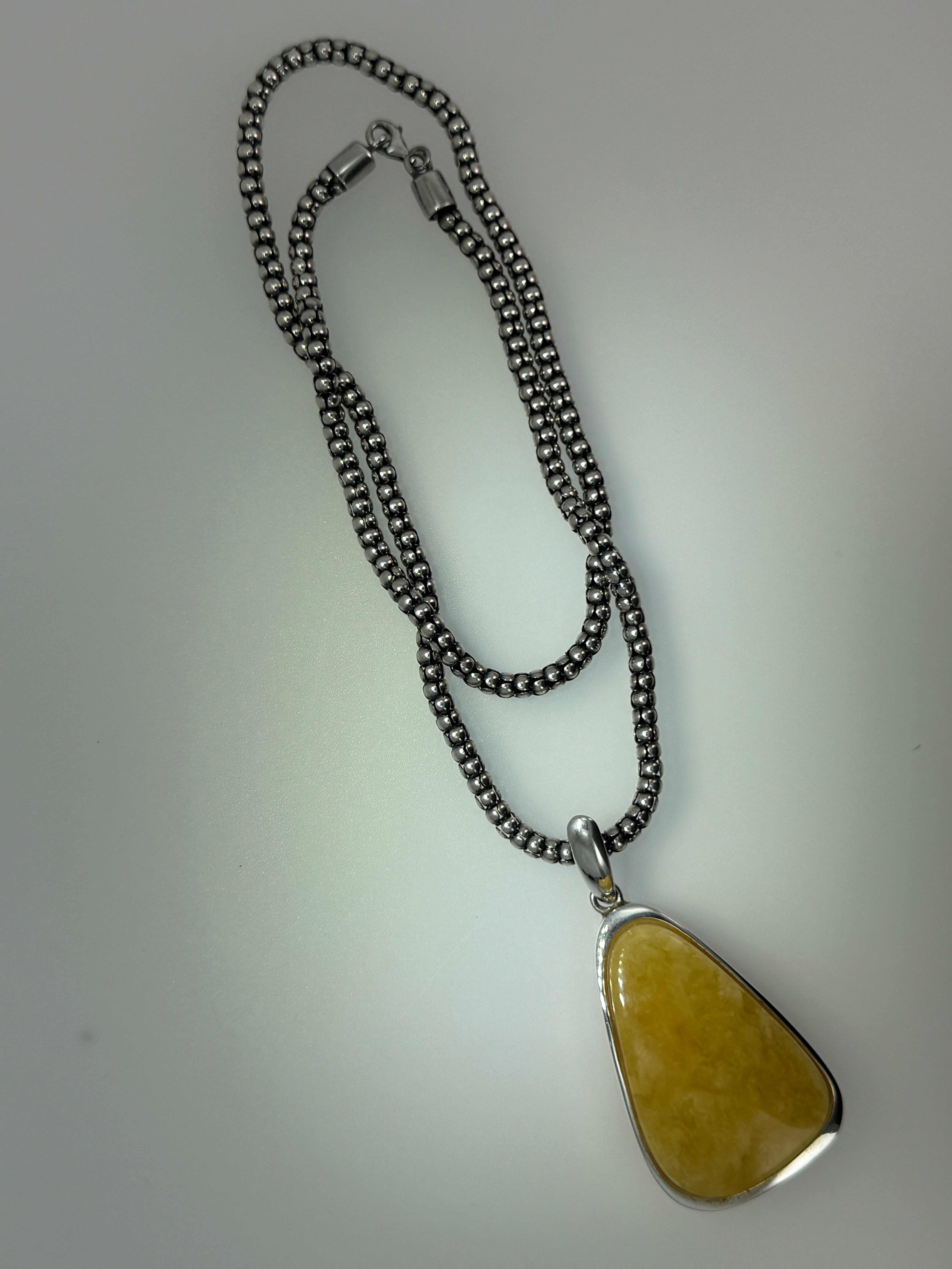 One-of-a-Kind Butterscotch Amber Pendant – Sterling Silver & Beaded Chain