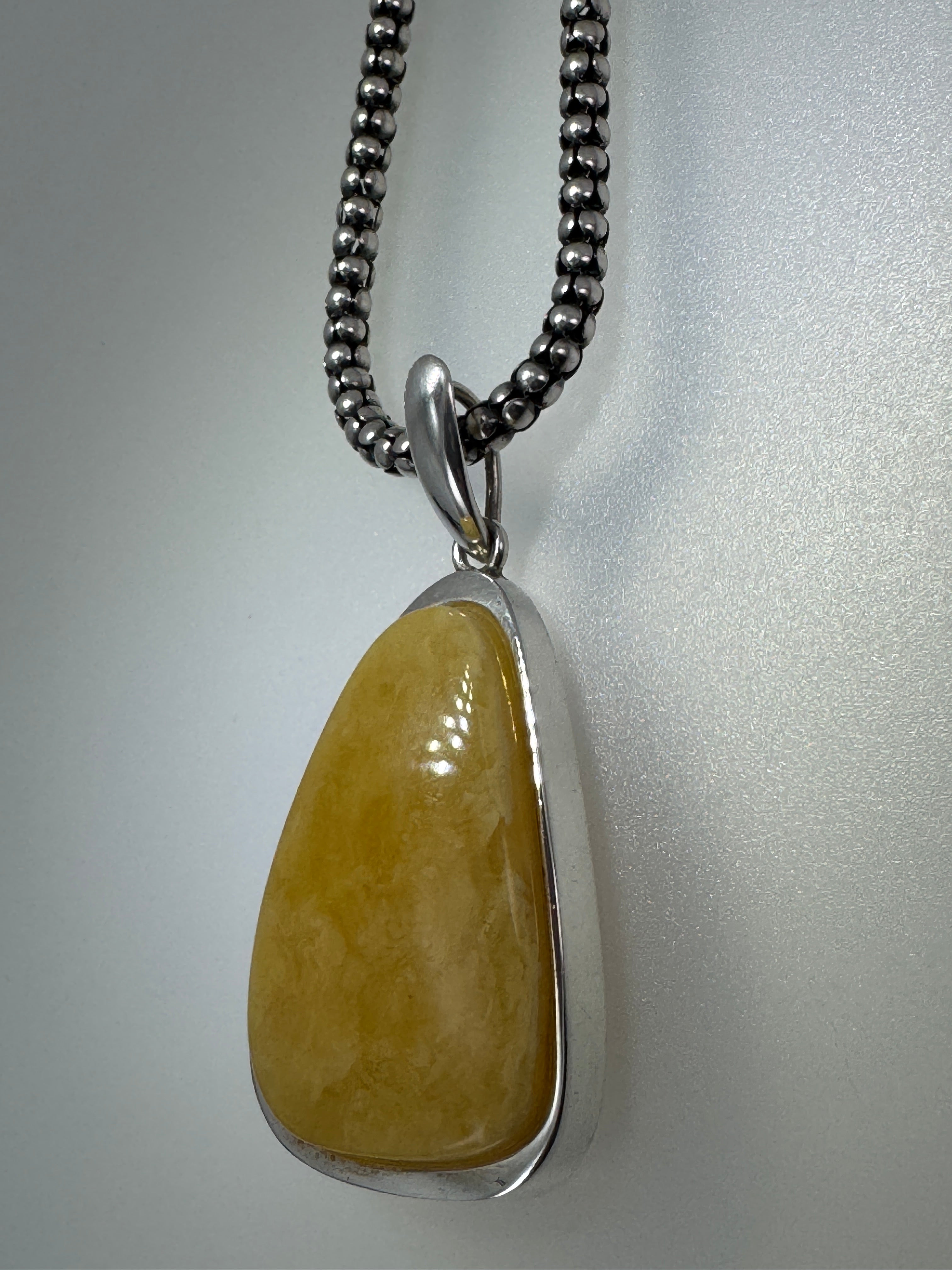 One-of-a-Kind Butterscotch Amber Pendant – Sterling Silver & Beaded Chain