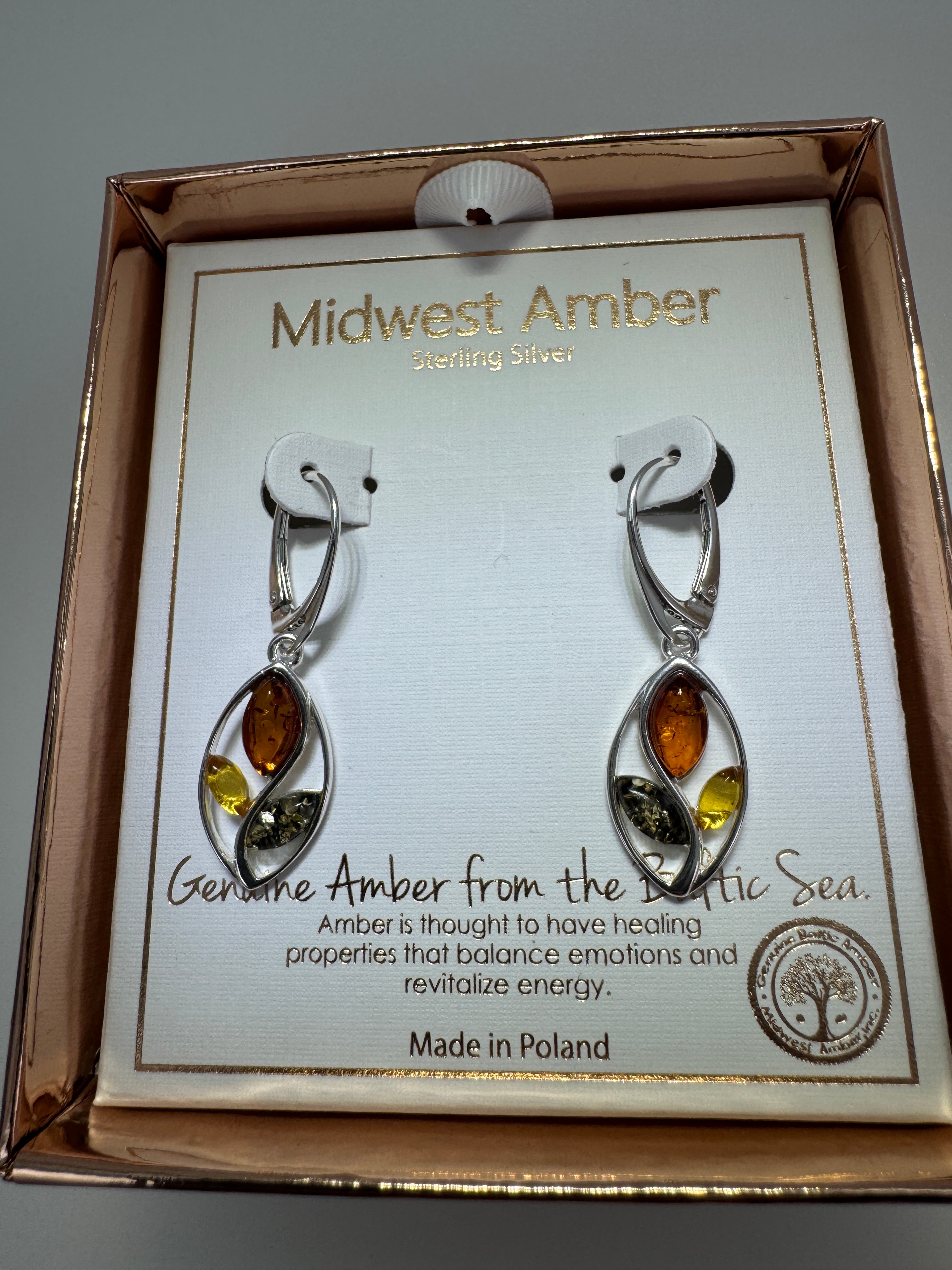 Swirl into Style: Multi-Color Baltic Amber Dangle Earrings in Sterling Silver