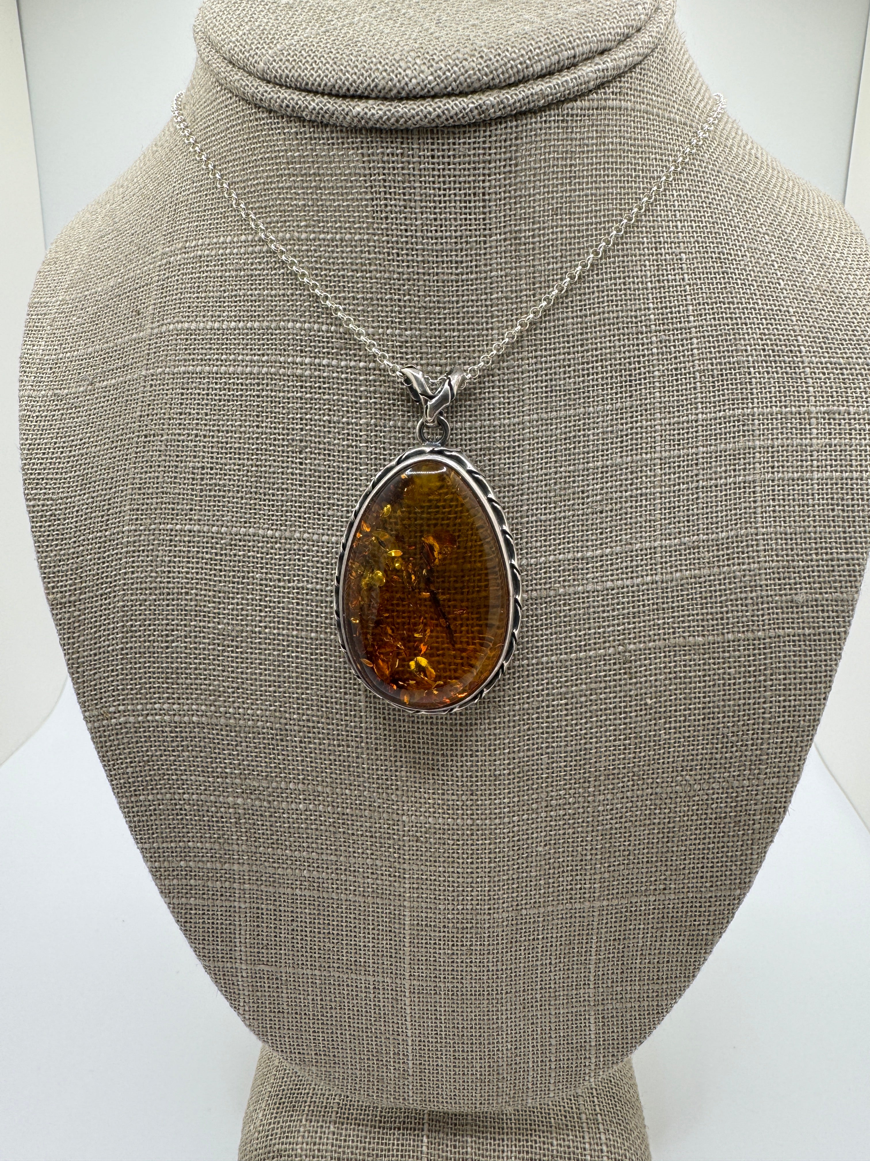 Oxidized Sterling Silver Cognac Baltic Amber Pendant Necklace – Antique Style with 18” Chain, Handmade in Poland