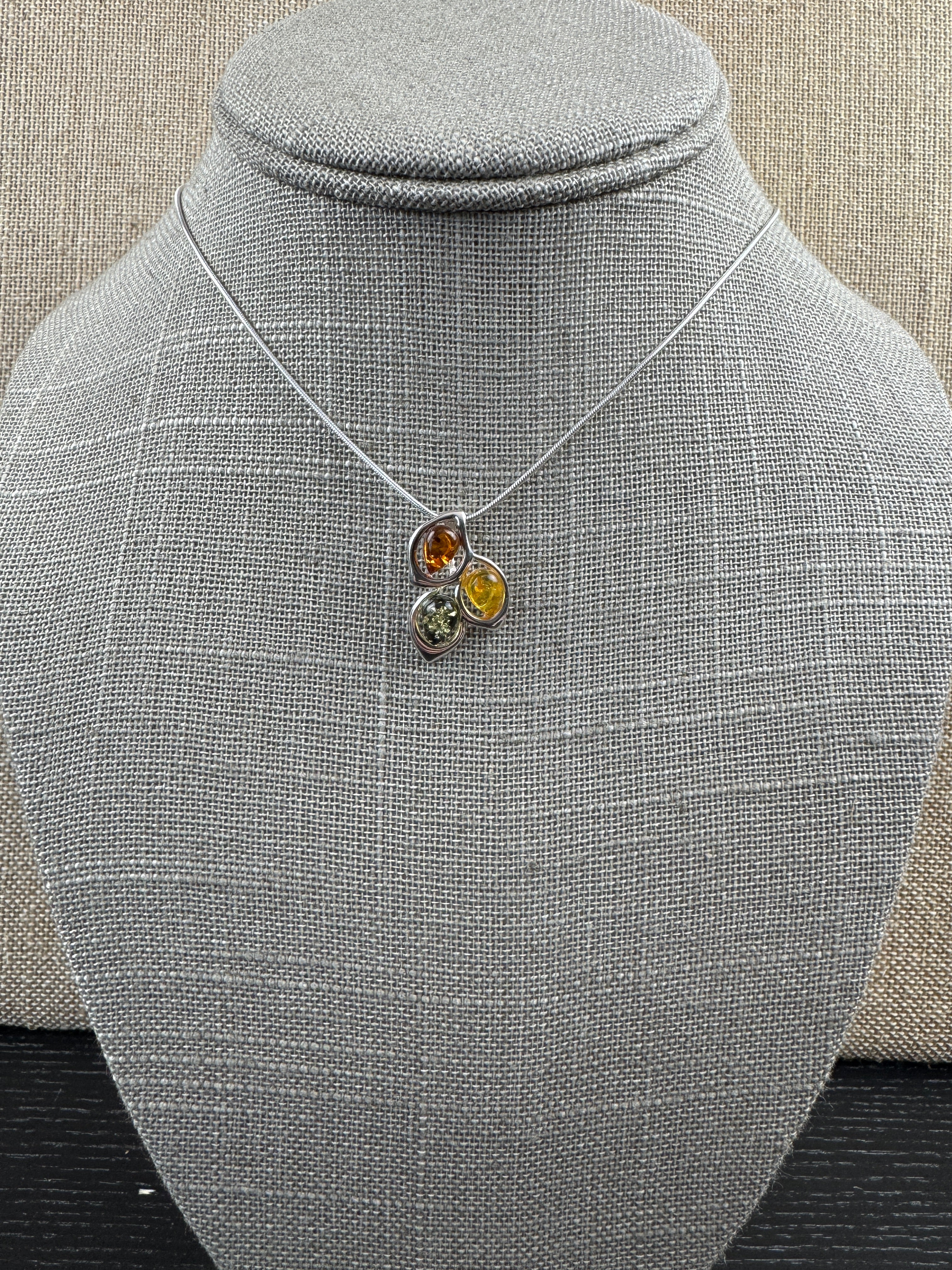 Trio of Light: Multicolor Baltic Amber Pendant on silver box chain