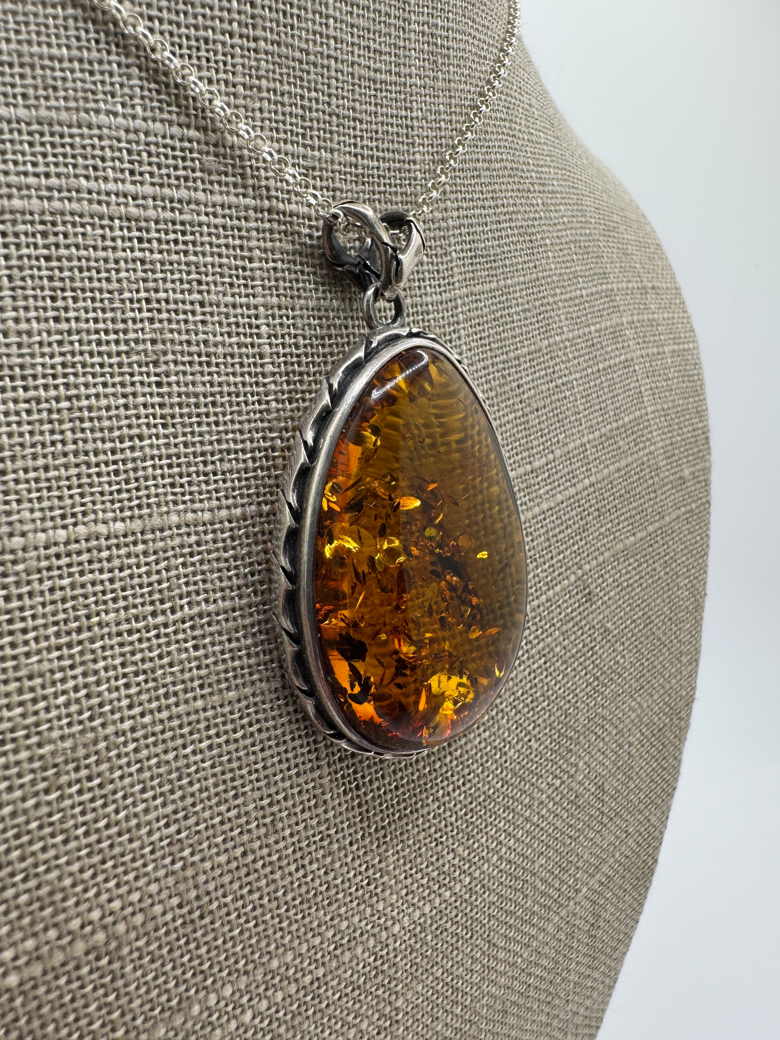 Oxidized Sterling Silver Cognac Baltic Amber Pendant Necklace – Antique Style with 18” Chain, Handmade in Poland