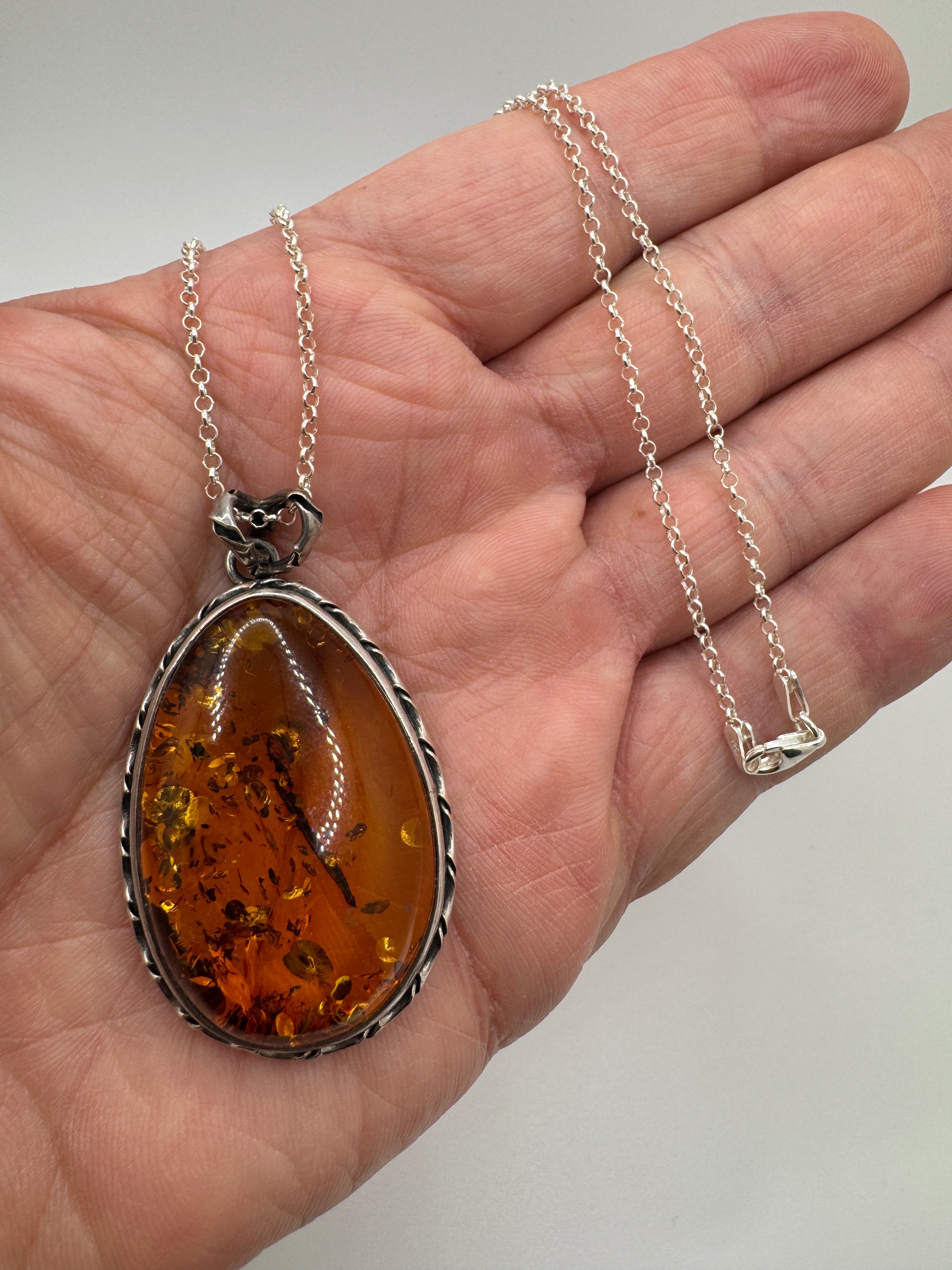 Oxidized Sterling Silver Cognac Baltic Amber Pendant Necklace – Antique Style with 18” Chain, Handmade in Poland