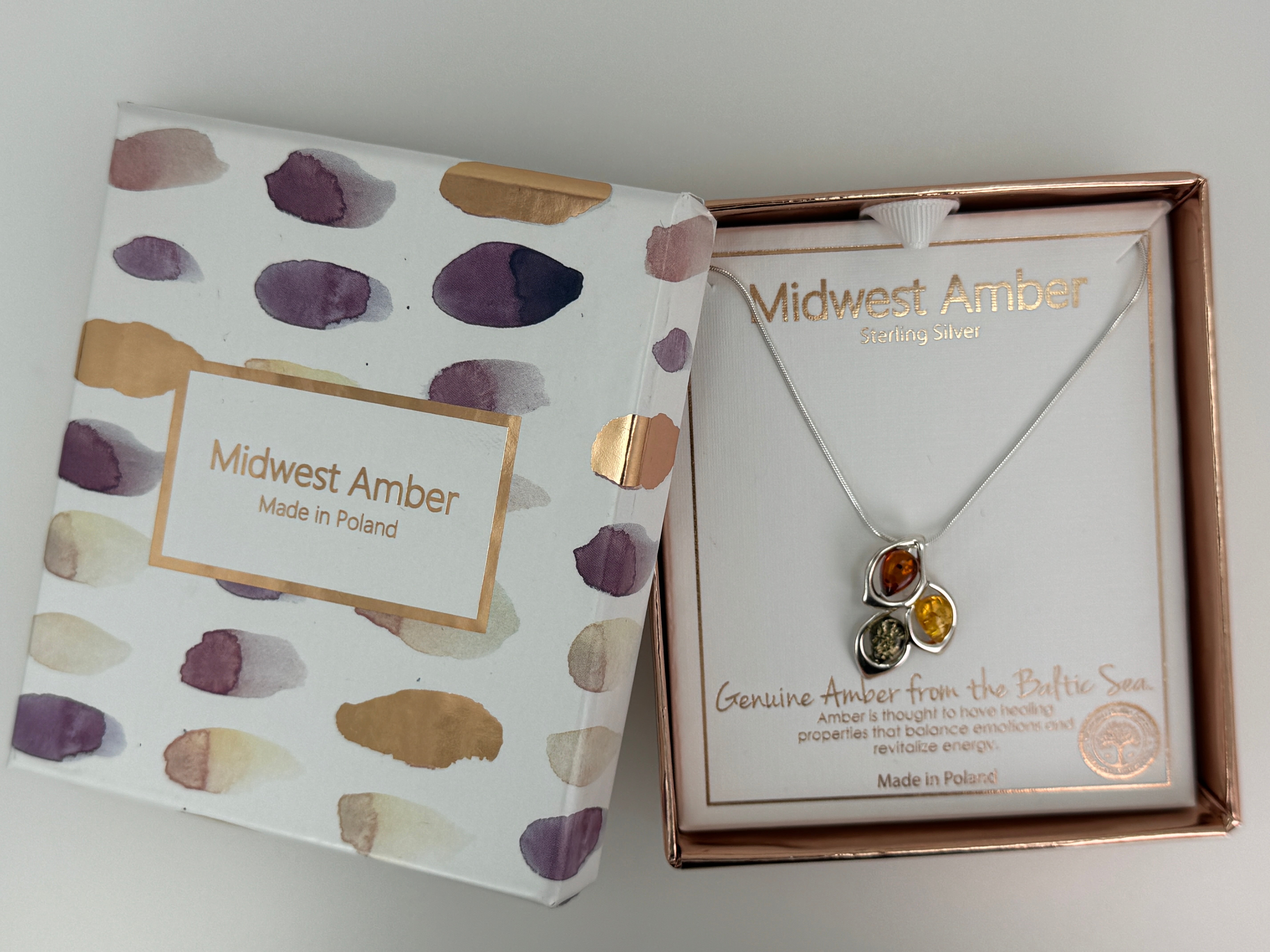 Trio of Light: Multicolor Baltic Amber Pendant on silver box chain
