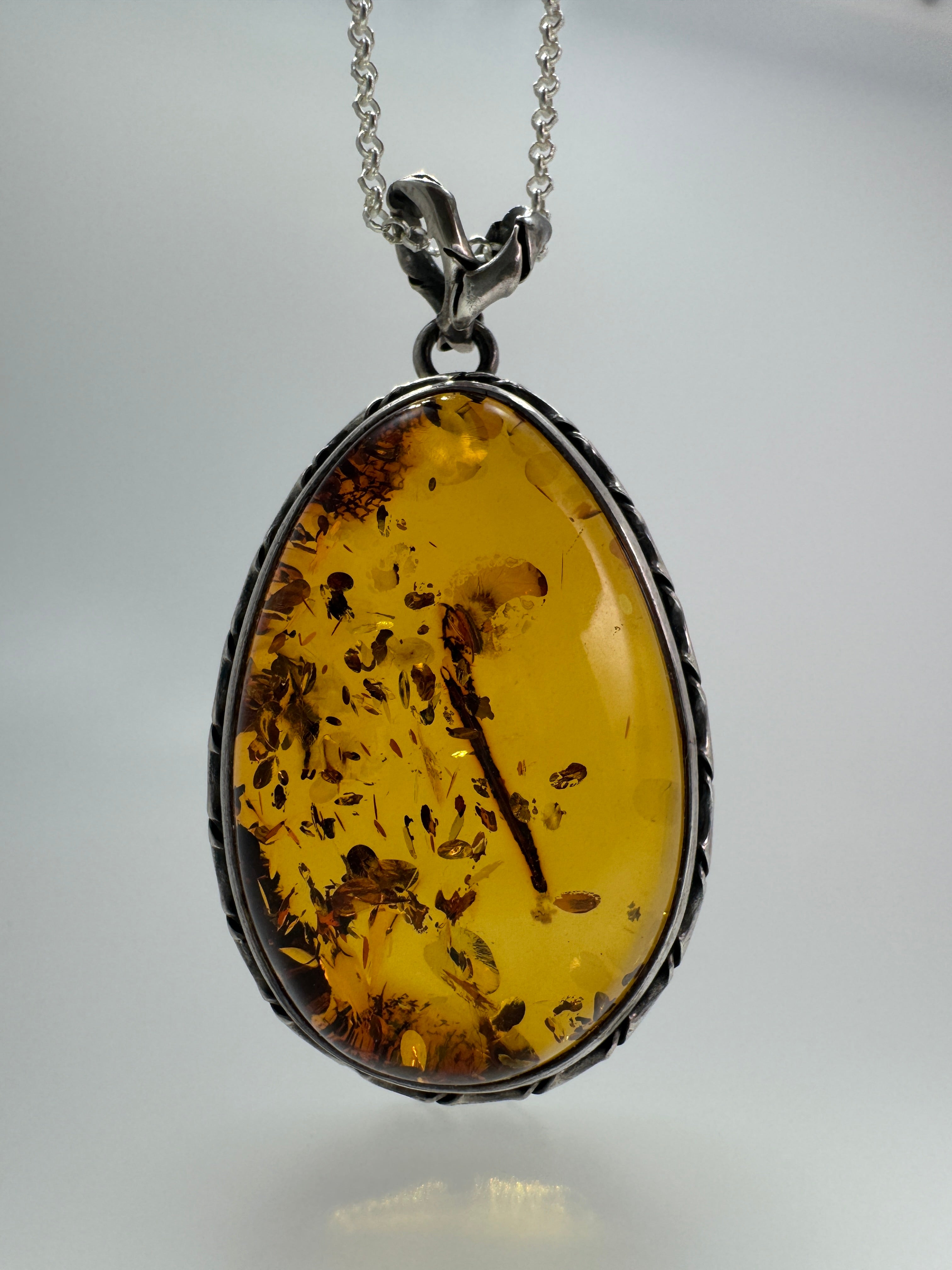 Oxidized Sterling Silver Cognac Baltic Amber Pendant Necklace – Antique Style with 18” Chain, Handmade in Poland