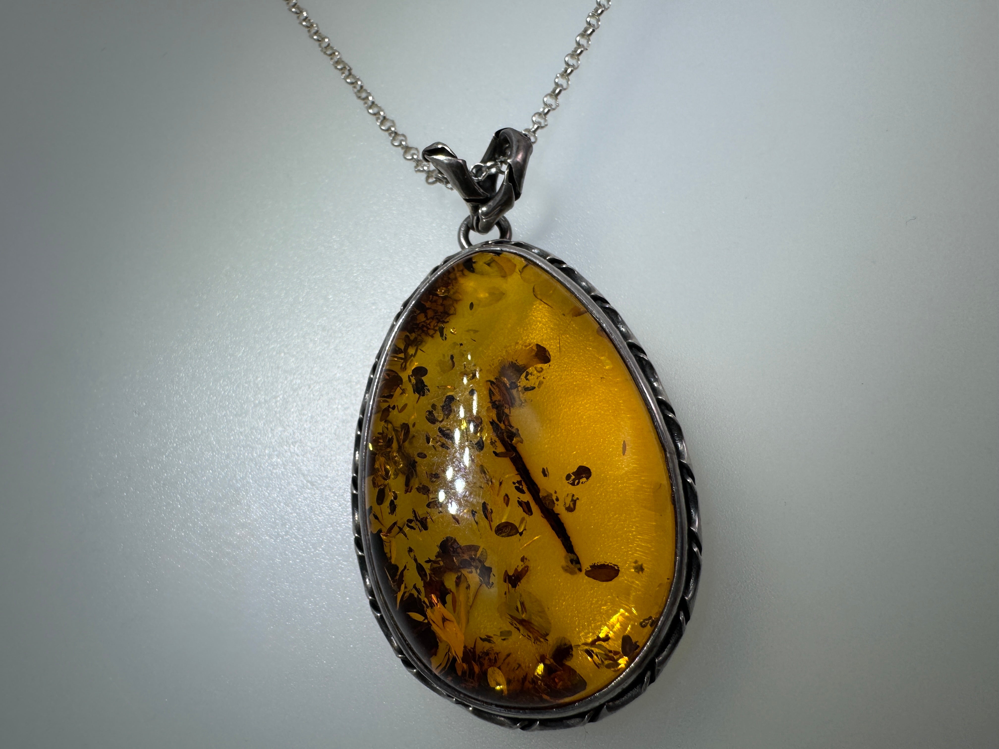Oxidized Sterling Silver Cognac Baltic Amber Pendant Necklace – Antique Style with 18” Chain, Handmade in Poland
