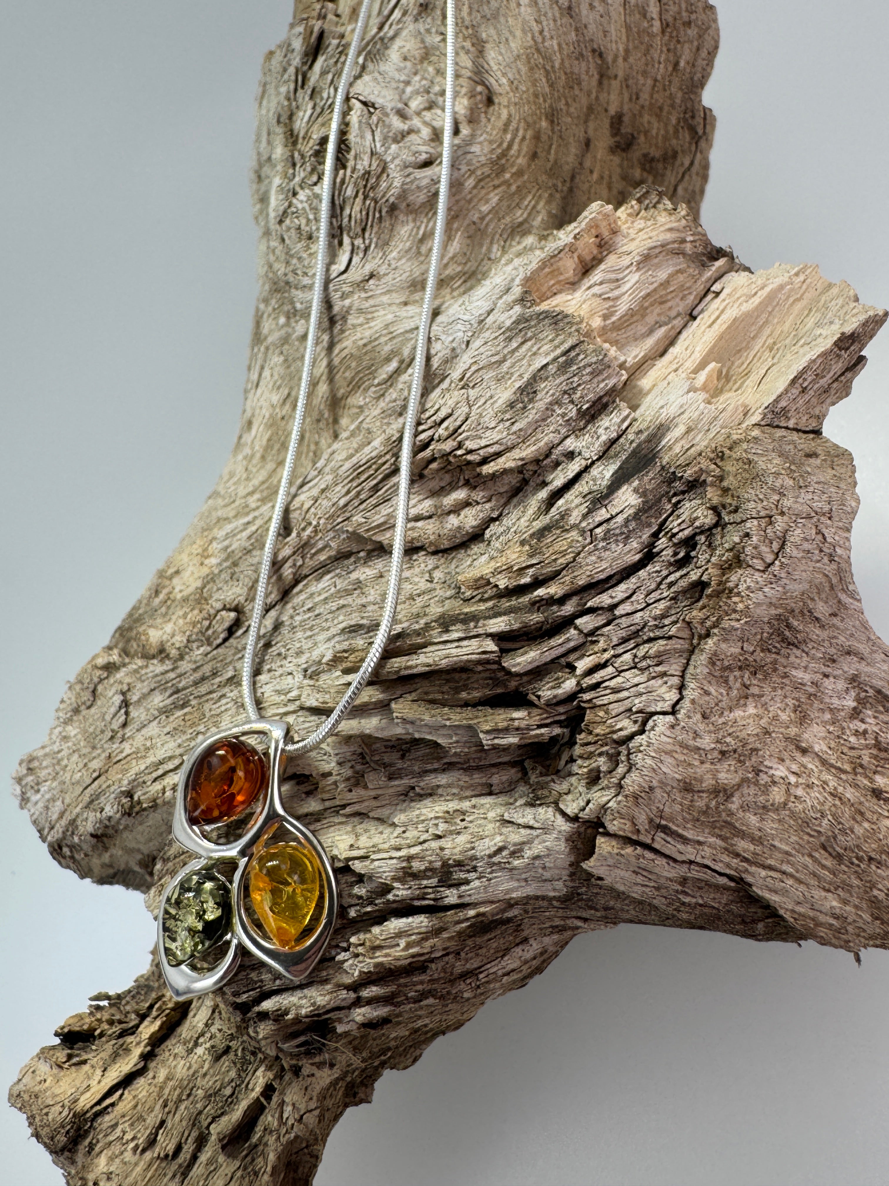Trio of Light: Multicolor Baltic Amber Pendant on silver box chain