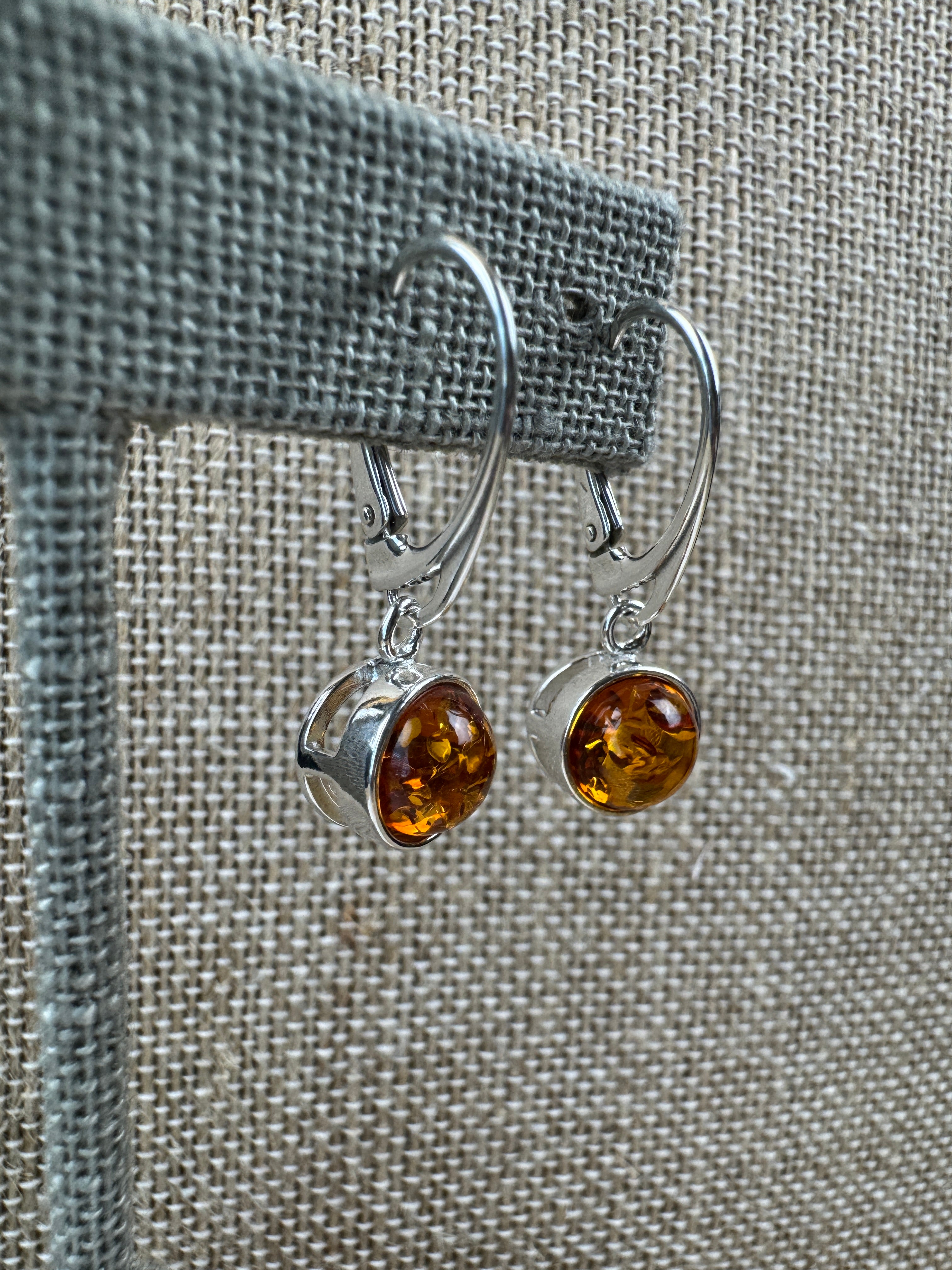 Modern Sterling Silver Dangle Earrings with Round Honey Baltic Amber – Lever Back Design