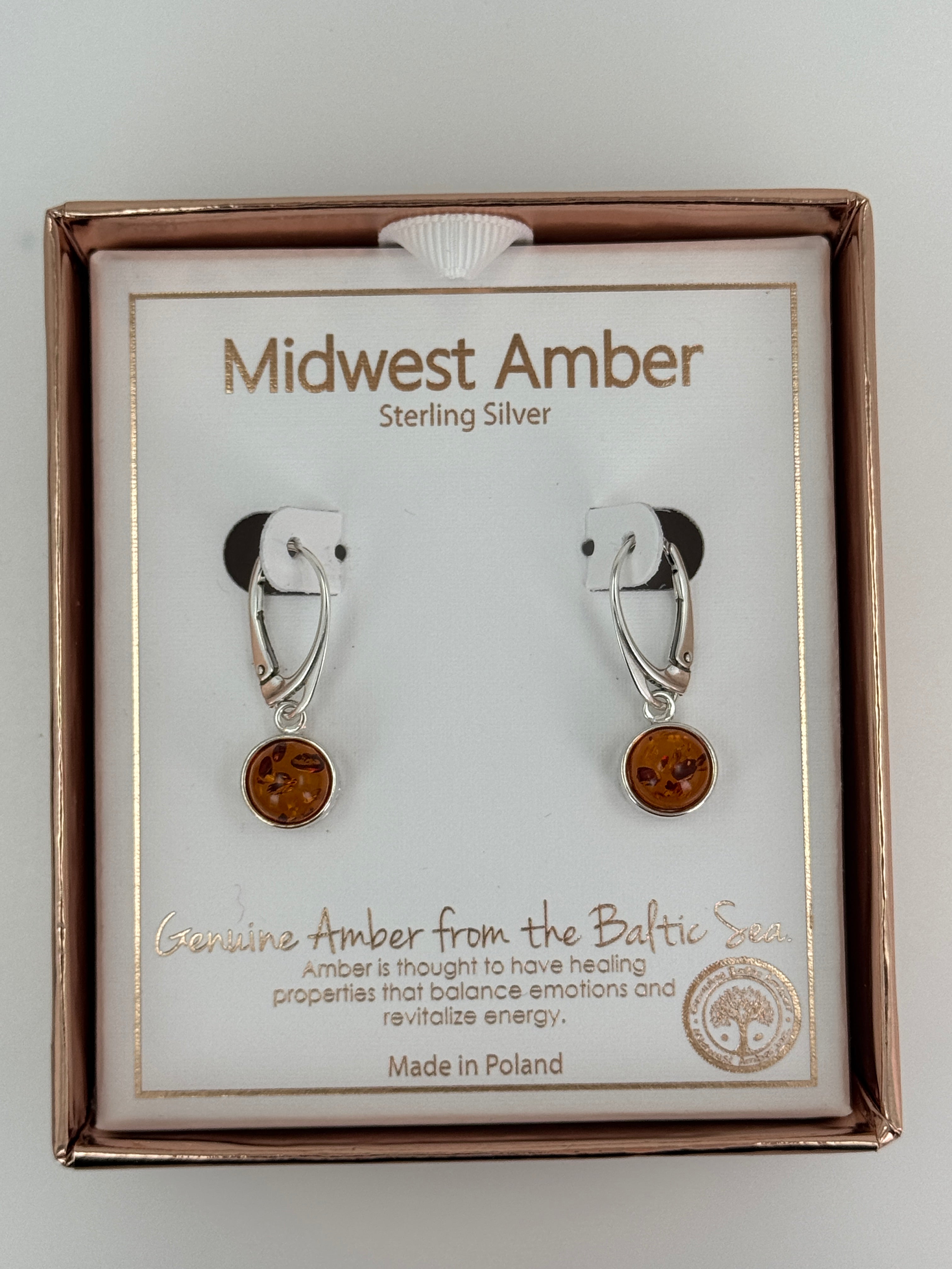 Modern Sterling Silver Dangle Earrings with Round Honey Baltic Amber – Lever Back Design