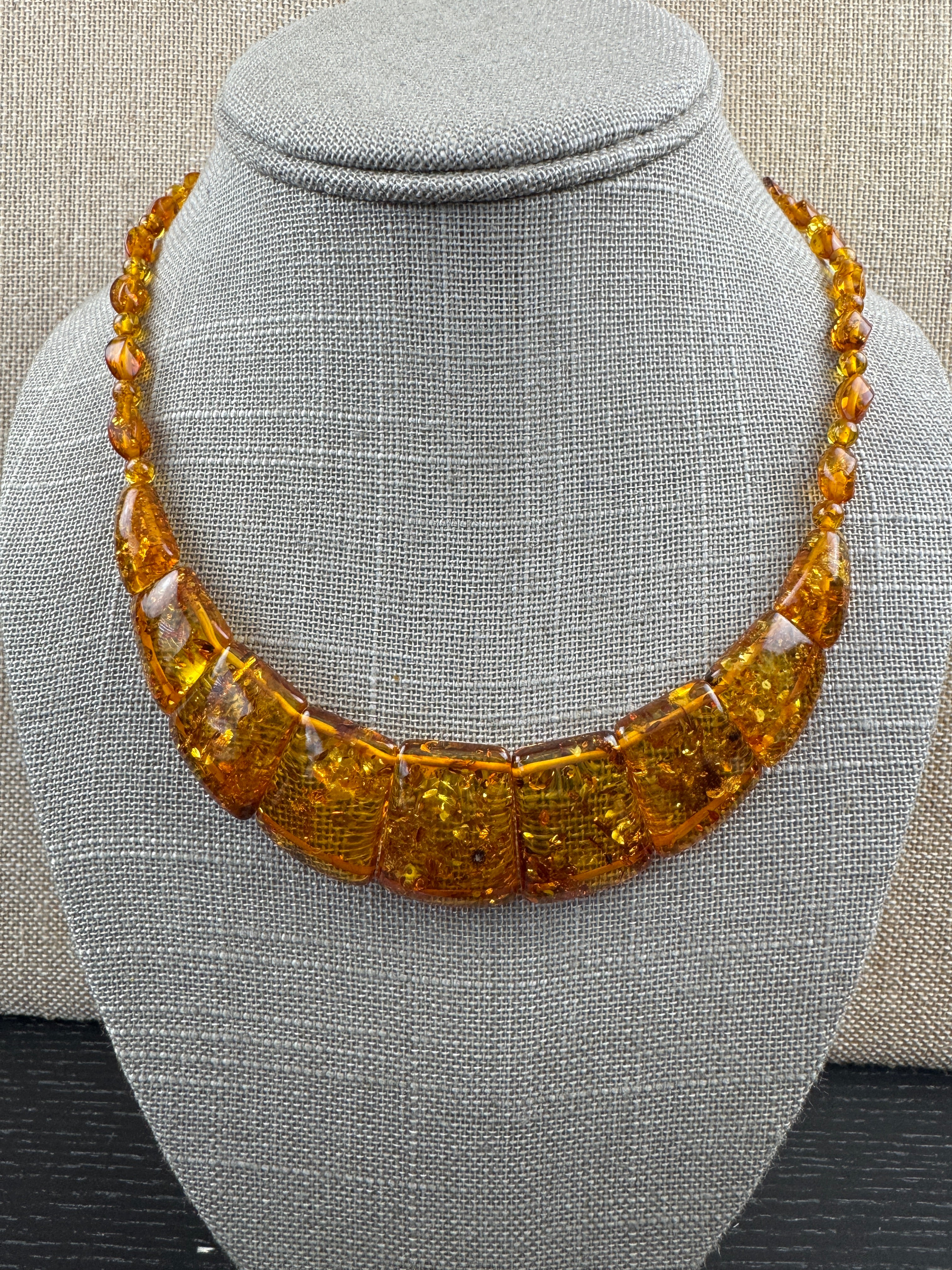 Honey Cognac Baltic Amber Bib Necklace – Genuine Graduated Beads, Handmade in Lithuania