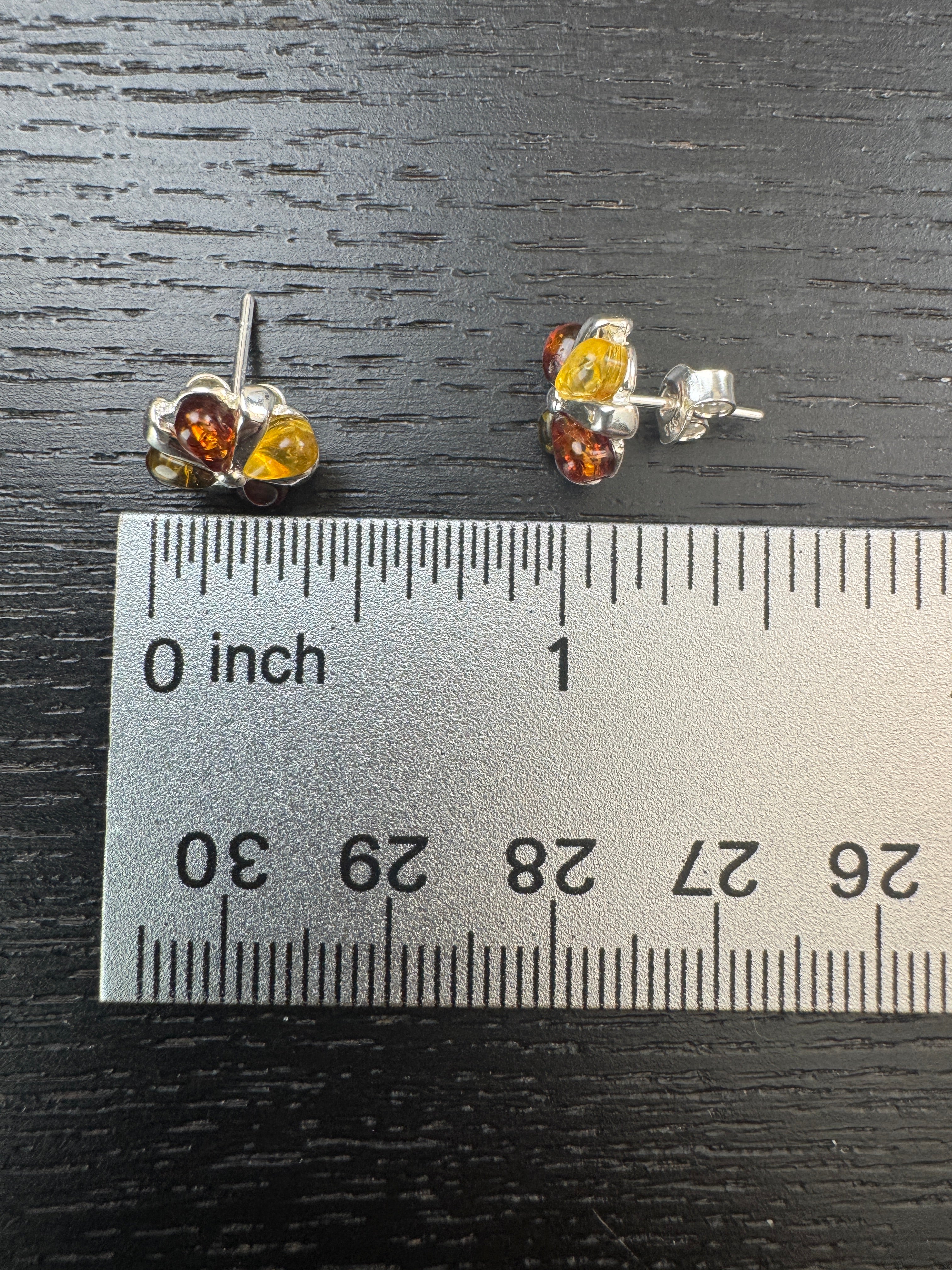 Sterling Silver Amber Trio Studs – Honey, Cognac & Lemon Amber Post Earrings (10mm) - Lightweight Everyday Post Earrings in Silver