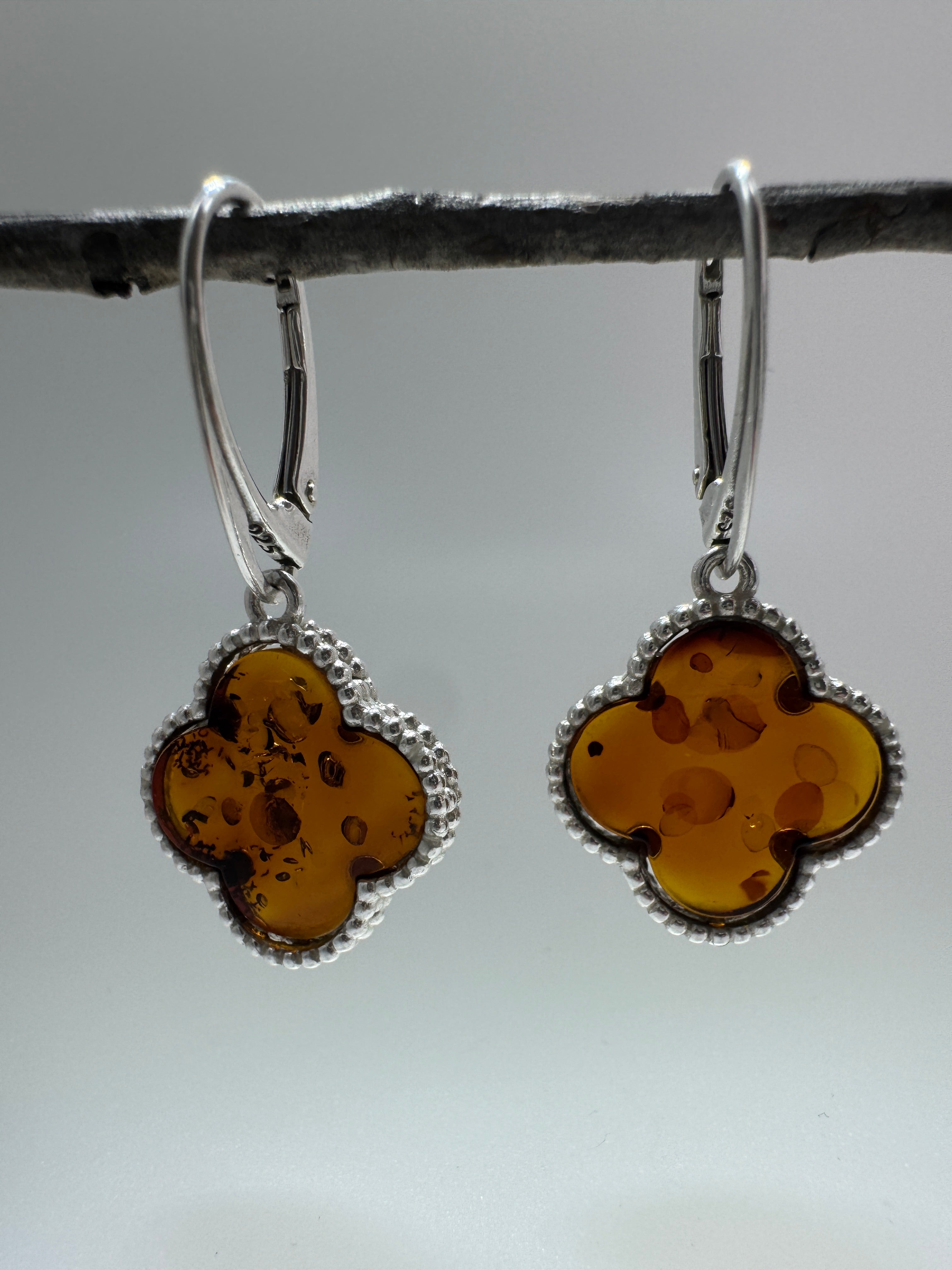 Handmade Sterling Silver Baltic Amber Clover Necklace & Earrings Set | Cognac Amber Jewelry from Poland