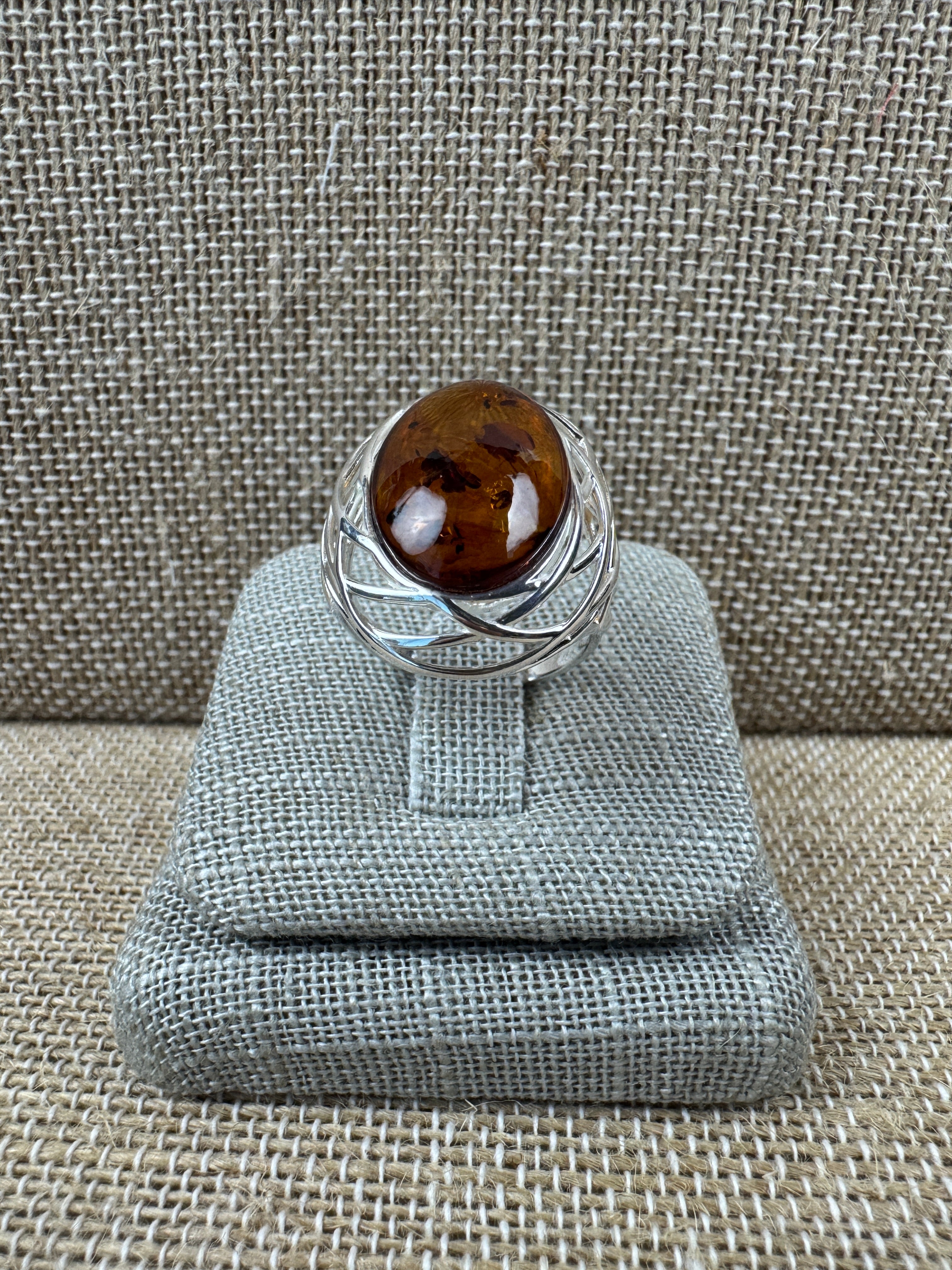 Sterling Silver Honey Cognac Baltic Amber Cabochon Ring – Netted Silver Design, Handmade