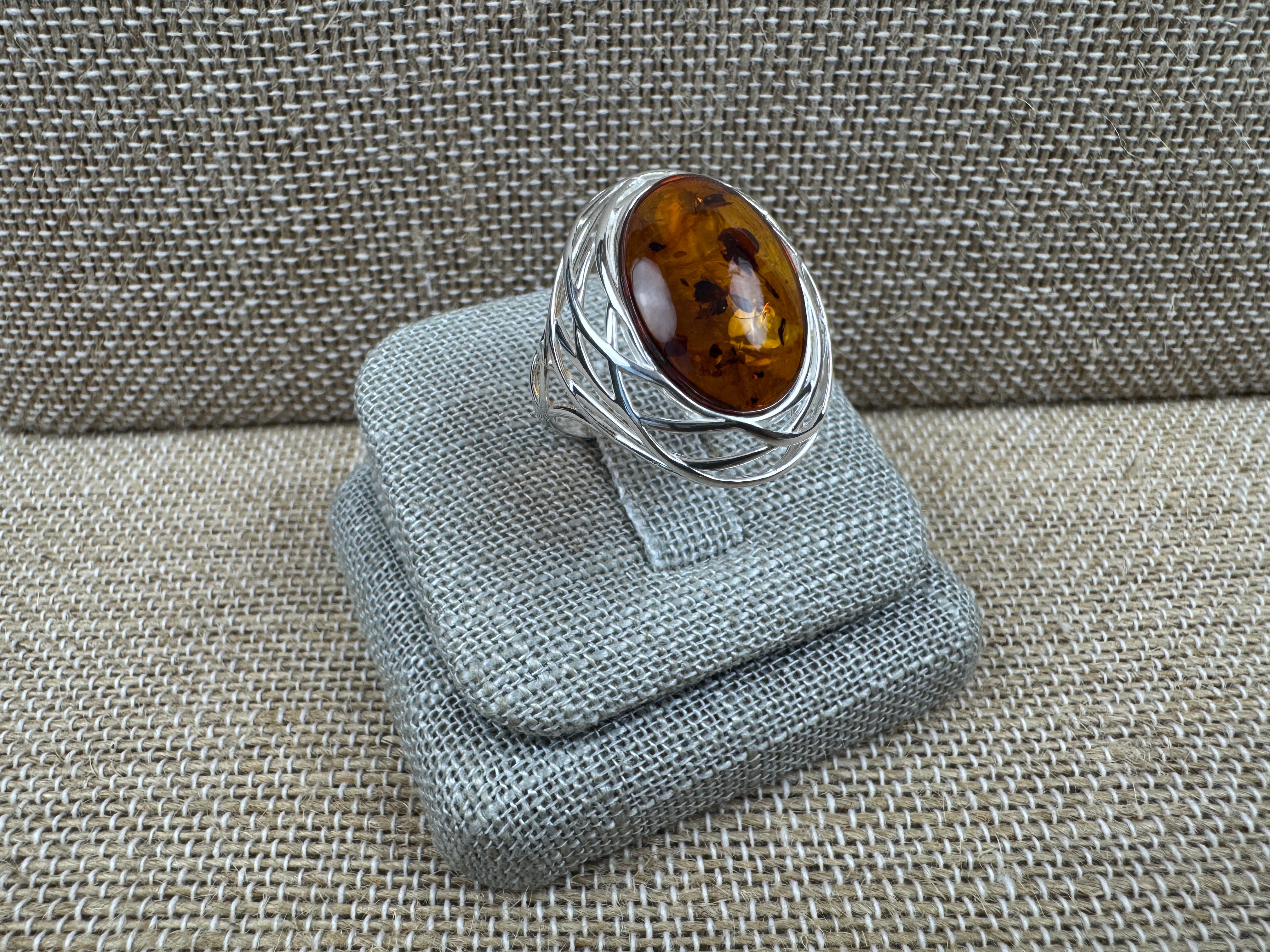 Sterling Silver Honey Cognac Baltic Amber Cabochon Ring – Netted Silver Design, Handmade