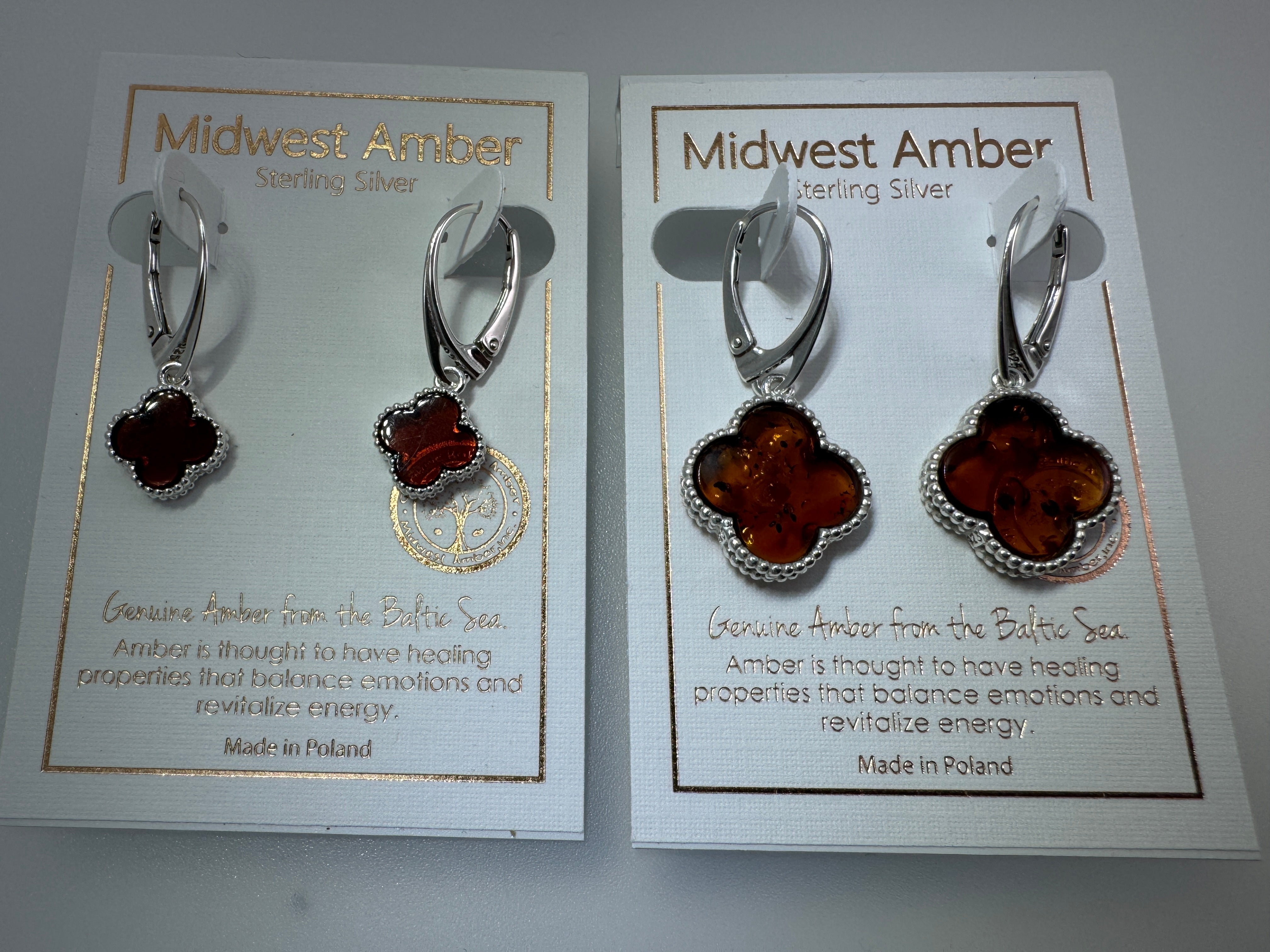 Handmade Sterling Silver Baltic Amber Clover Necklace & Earrings Set | Cognac Amber Jewelry from Poland